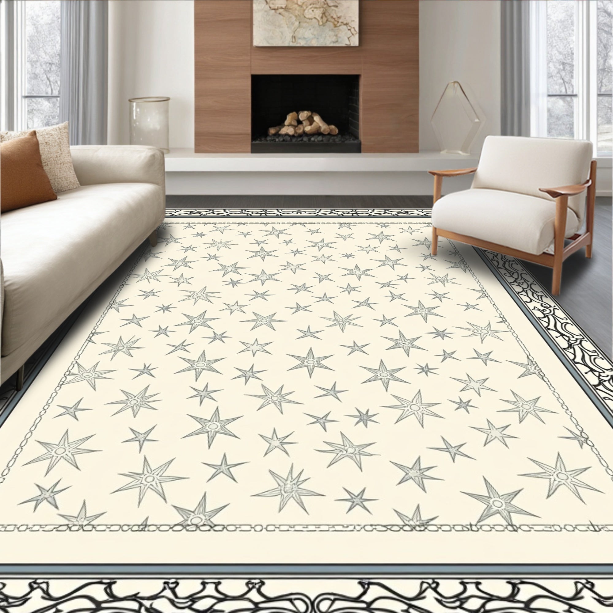 Pale Cream Starburst Field Border Rug
