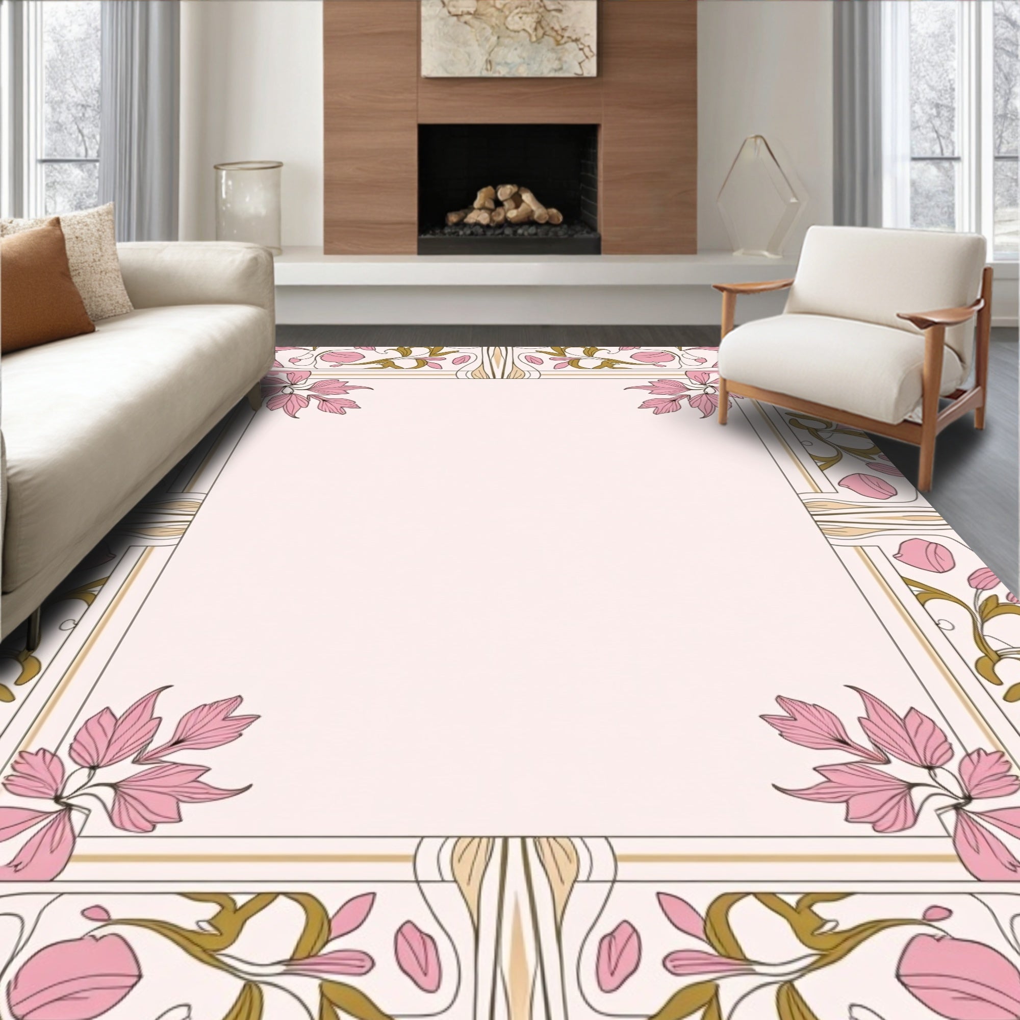 Art Nouveau Pink Floral Border Rug