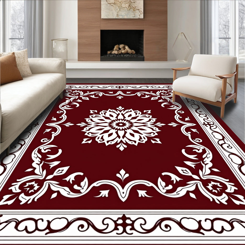 Deep Red Floral Medallion Border Rug