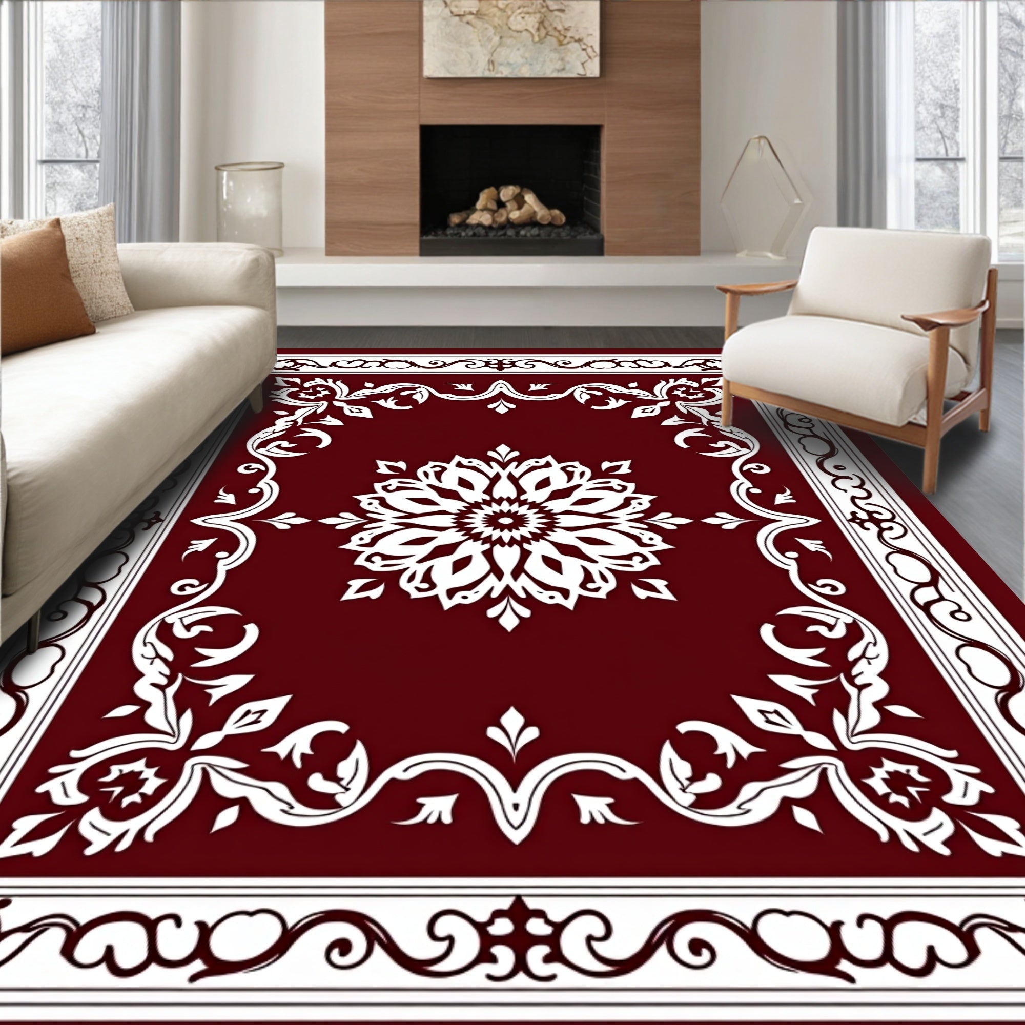 Deep Red Floral Medallion Border Rug