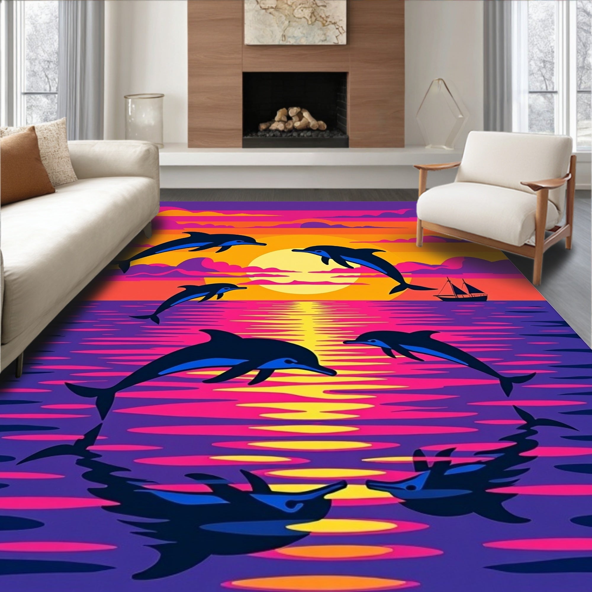 Vibrant Dolphin Sunset Ocean Reflection Rug