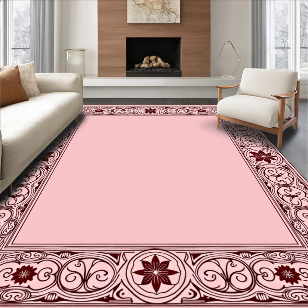 Maroon Floral Scrollwork Border Rug
