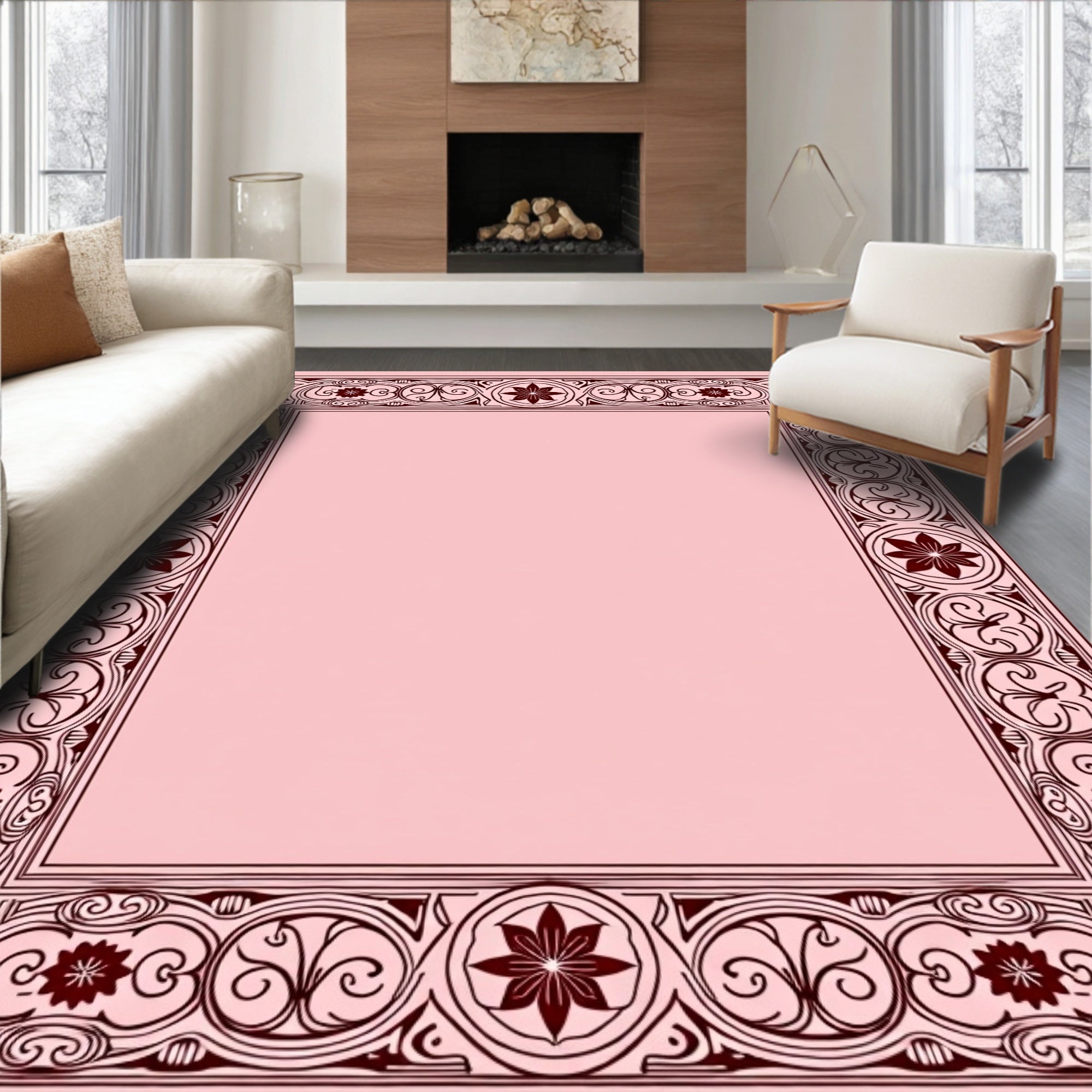Maroon Floral Scrollwork Border Rug