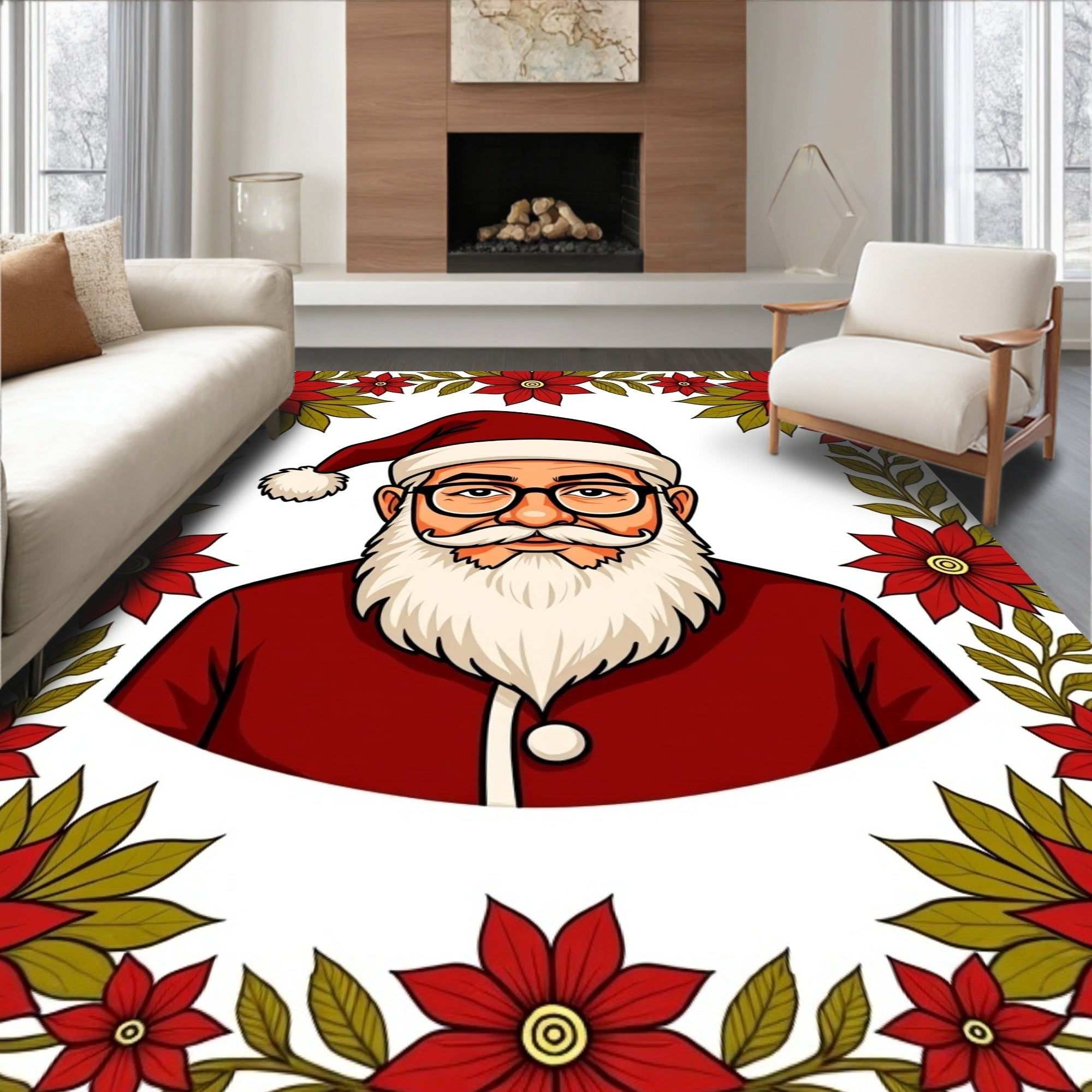 Festive Christmas Santa Poinsettia Garland Rug