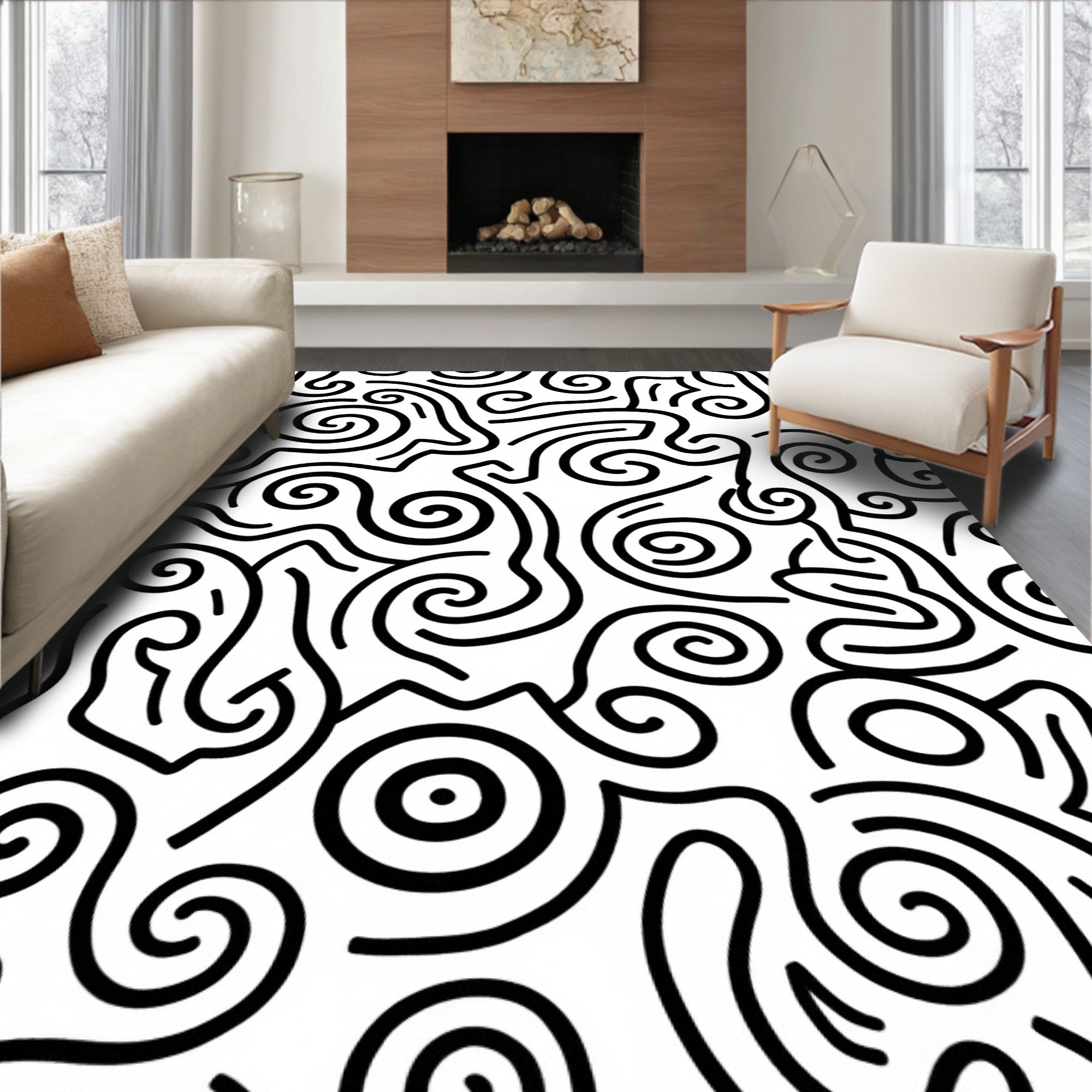 Black White Whimsical Swirl Abstract Rug