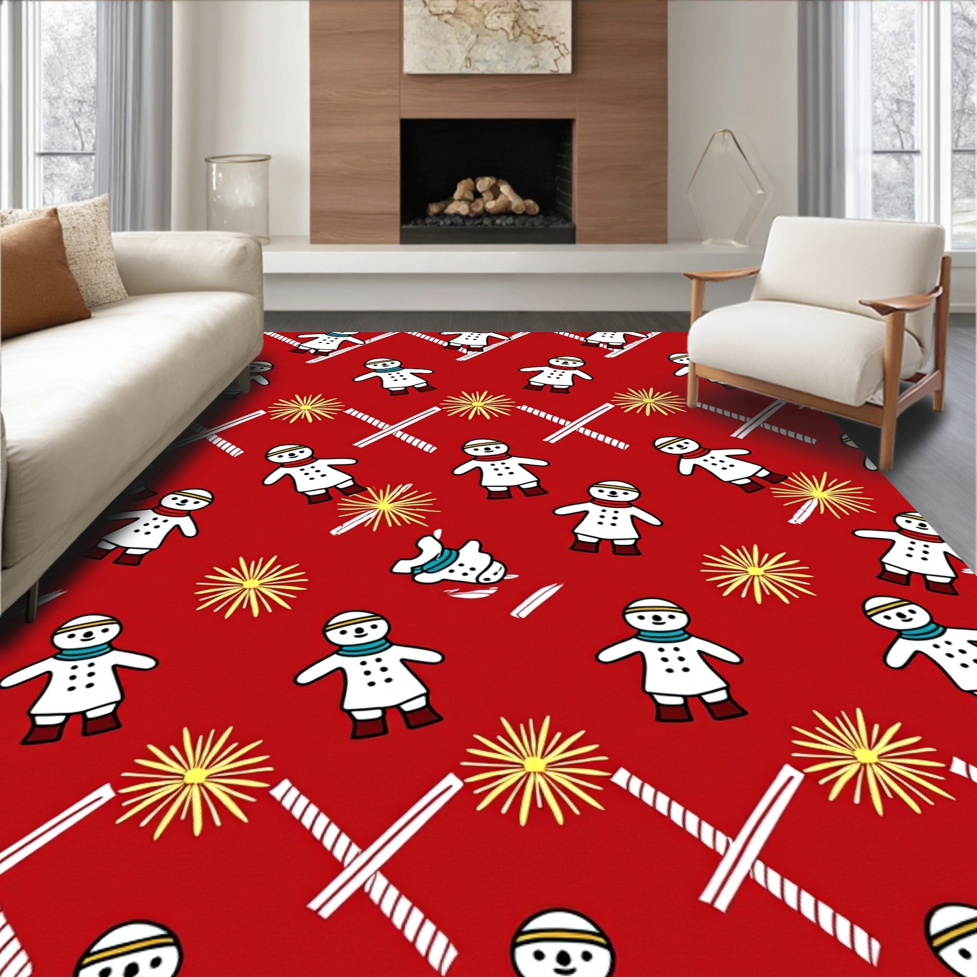 Red Snowmen Firework Scatter Rug