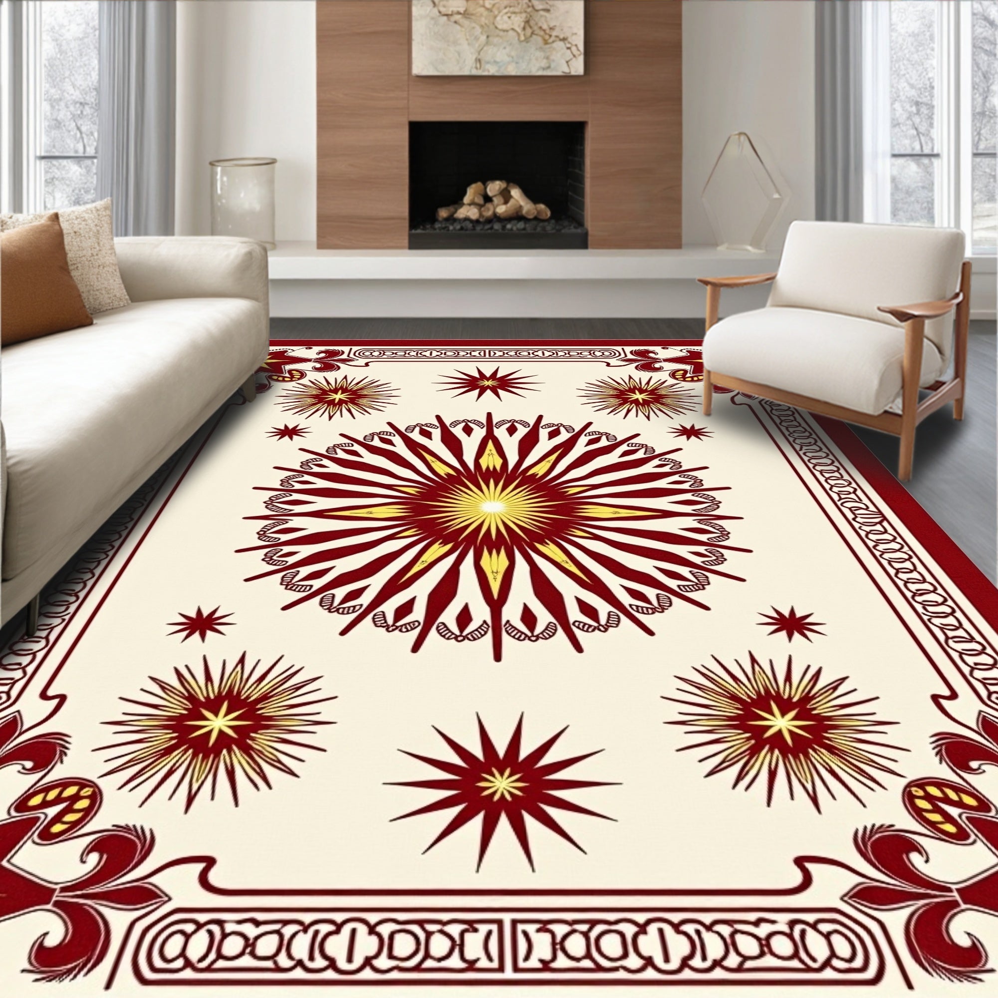Crimson Yellow Starburst Medallion Rug