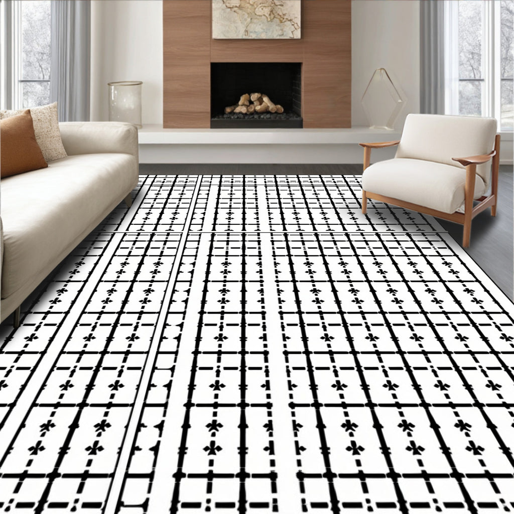 Bold Black Grid Floral Cross Stitch Rug
