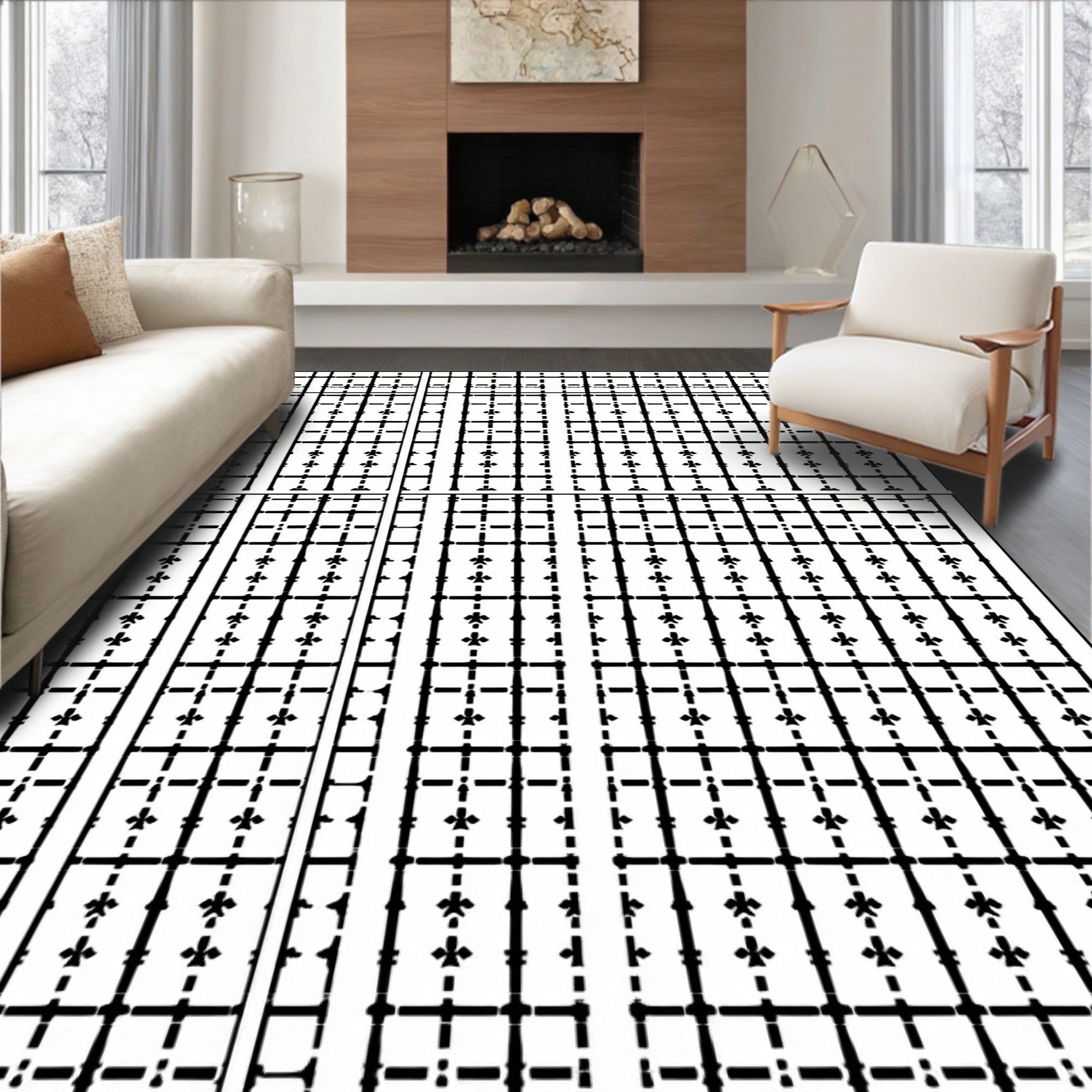 Bold Black Grid Floral Cross Stitch Rug