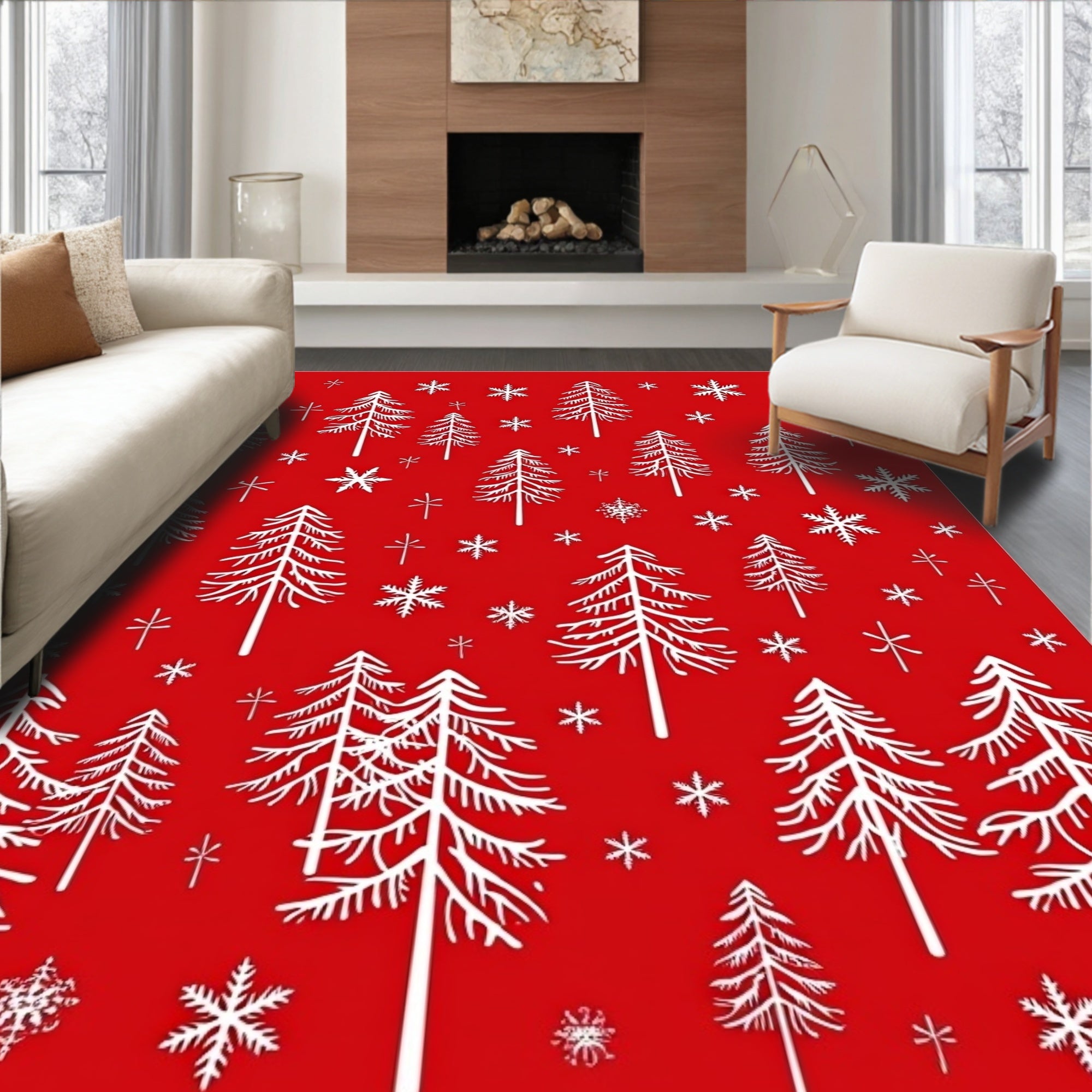 White Evergreen Forest Snowfall Rug