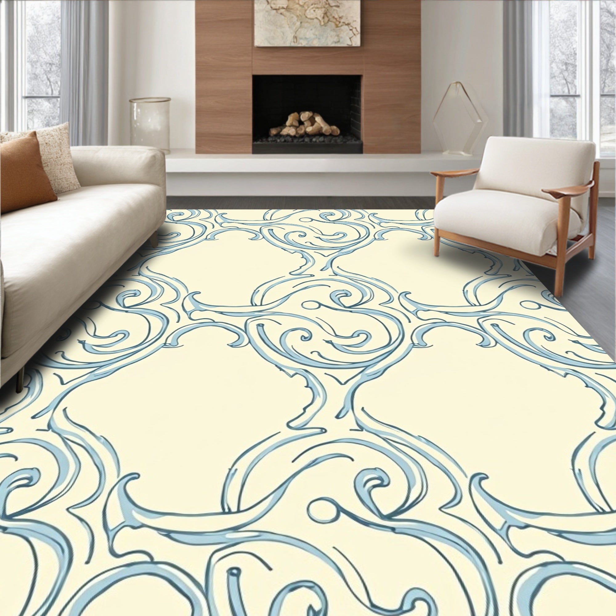Aqua Swirl Scroll Damask Rug