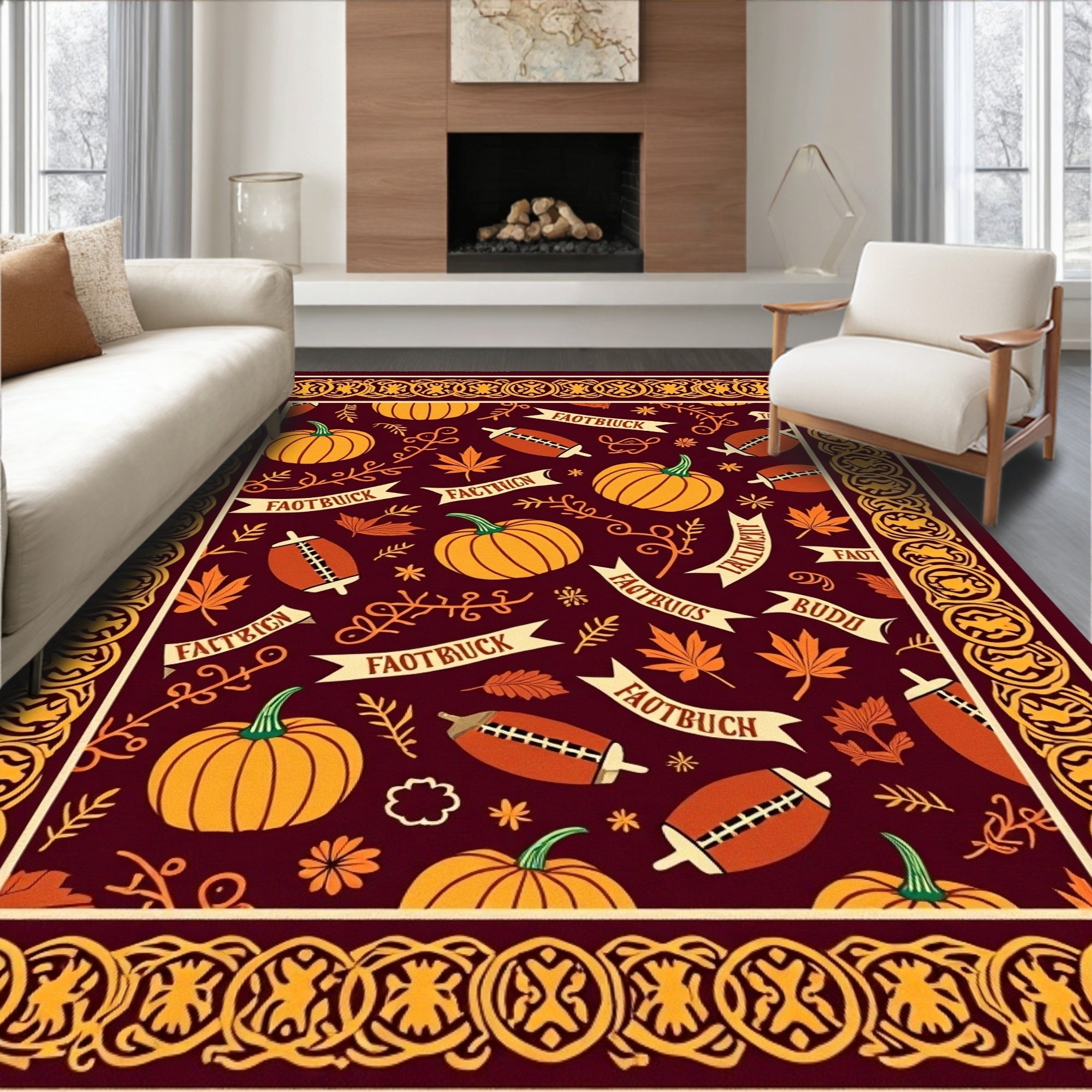 Pumpkin Football Autumn Leaves Border Rug