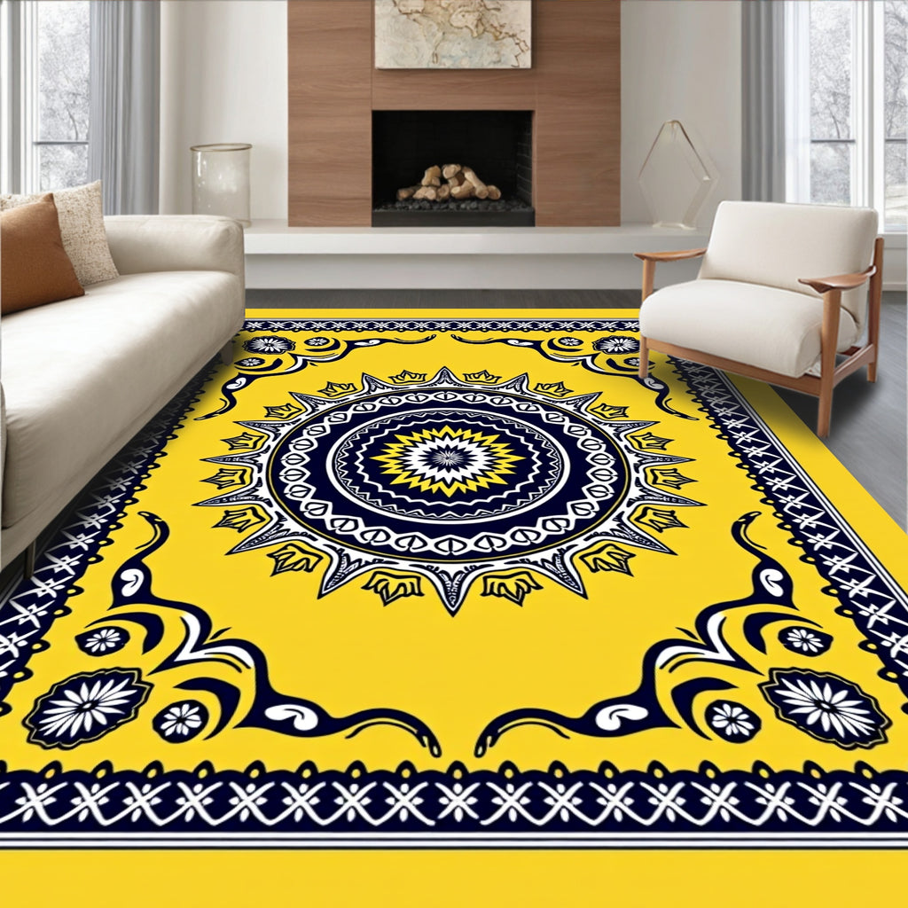 Golden Starburst Medallion with Blue Accents Rug