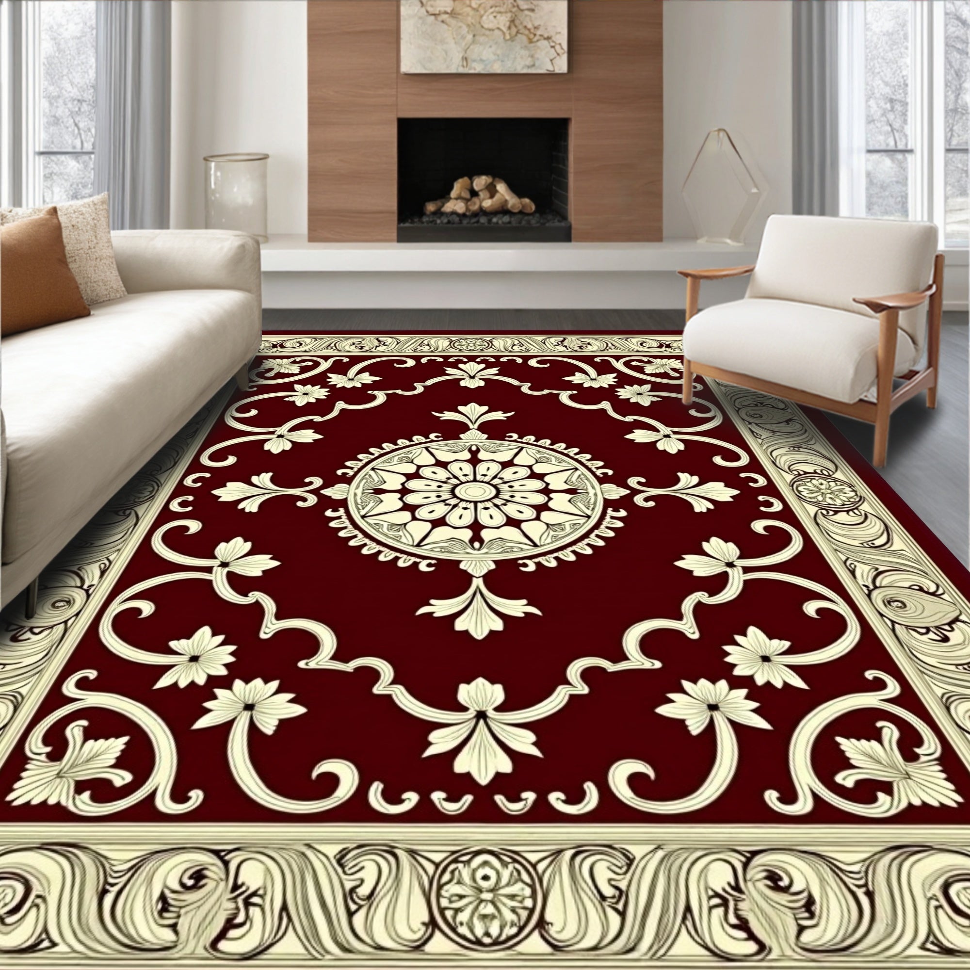 Crimson Ivory Floral Vine Medallion Rug