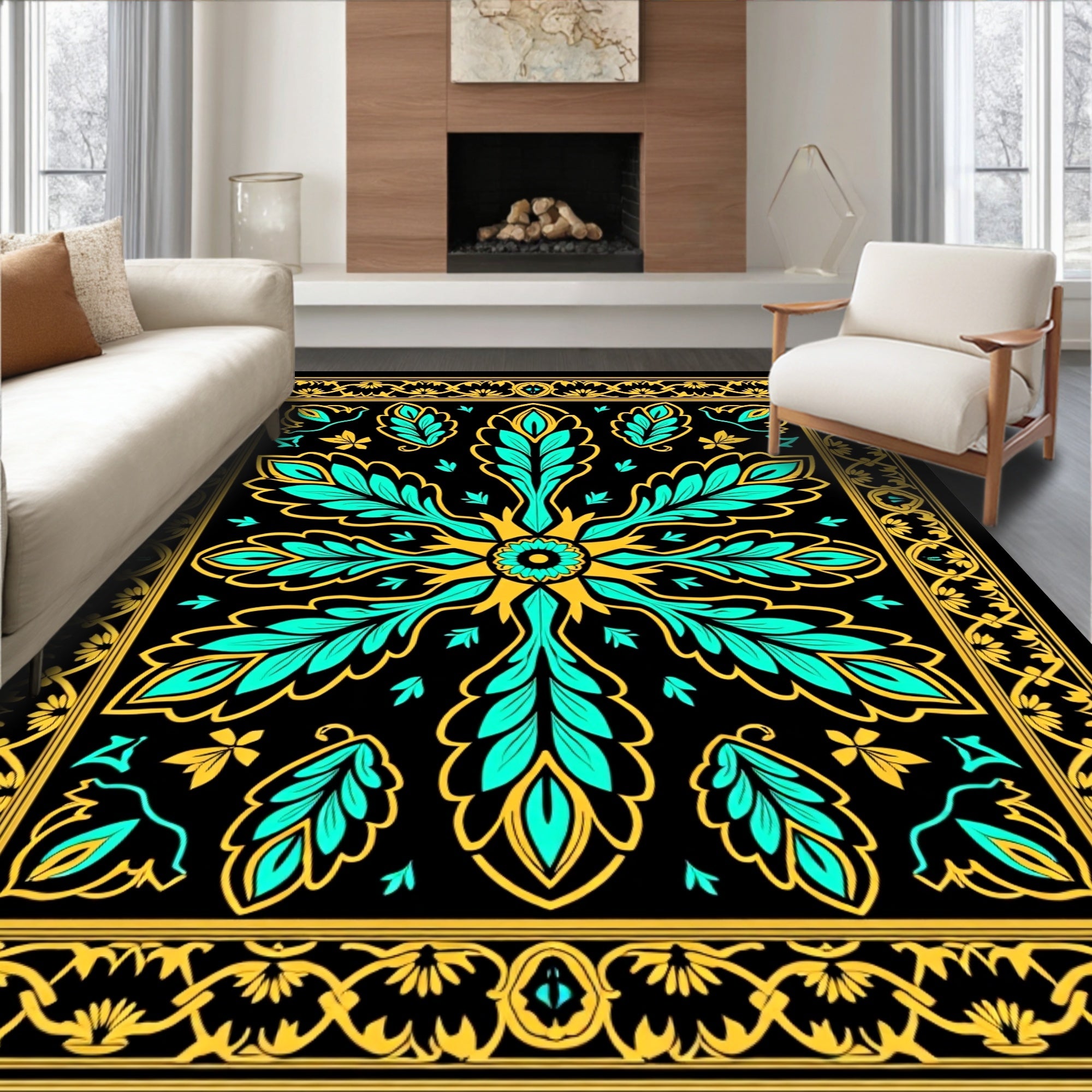 Black Teal Gold Floral Medallion Border Rug
