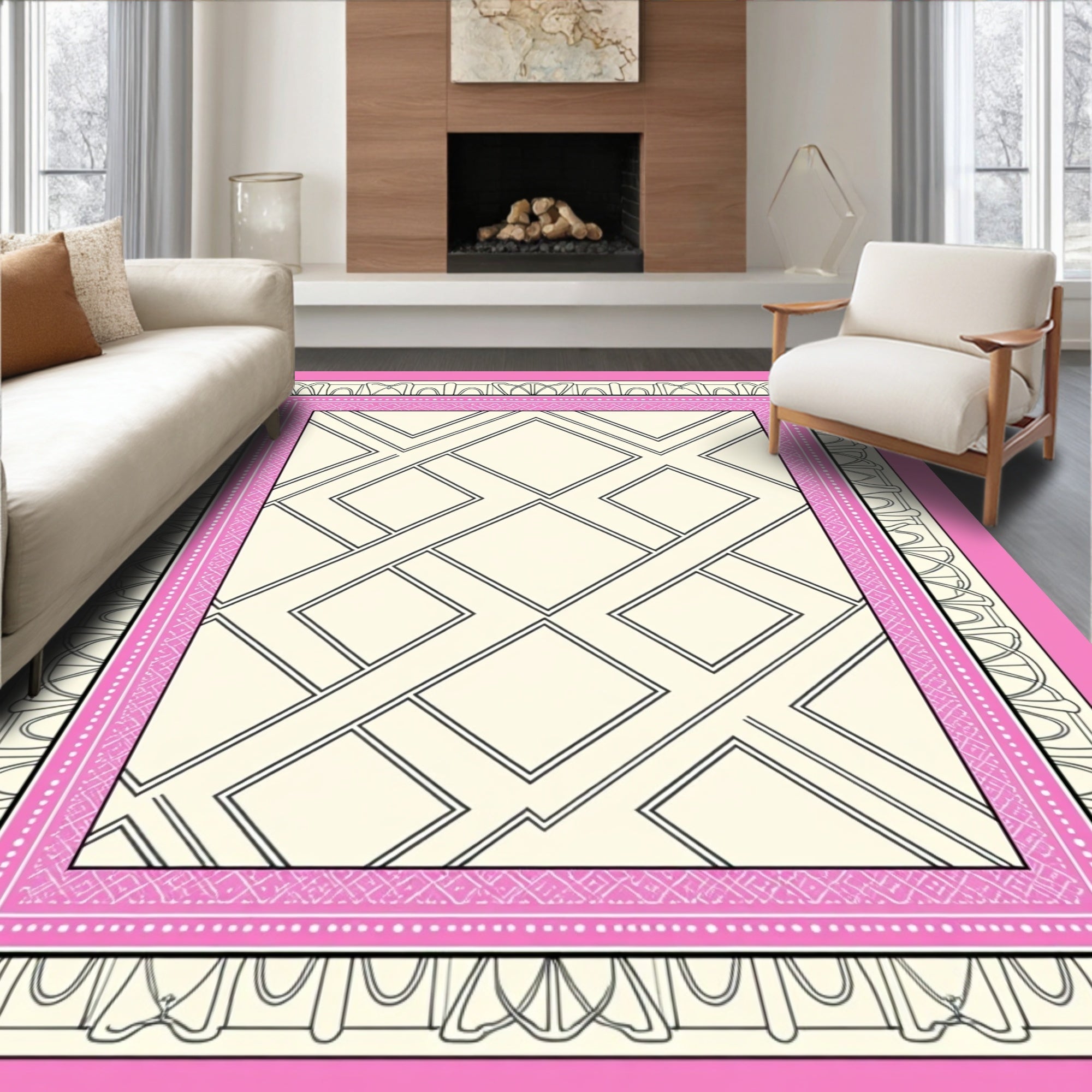 Modern Pink Geometric Diamond Framework Rug