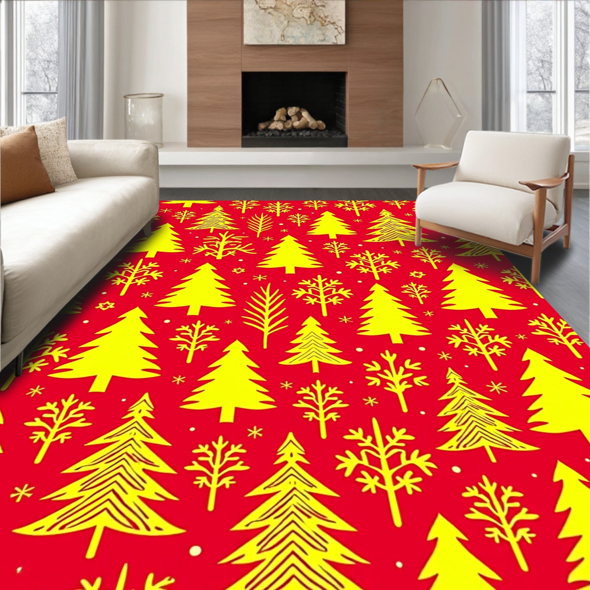 Yellow Evergreen Forest Red Background Rug