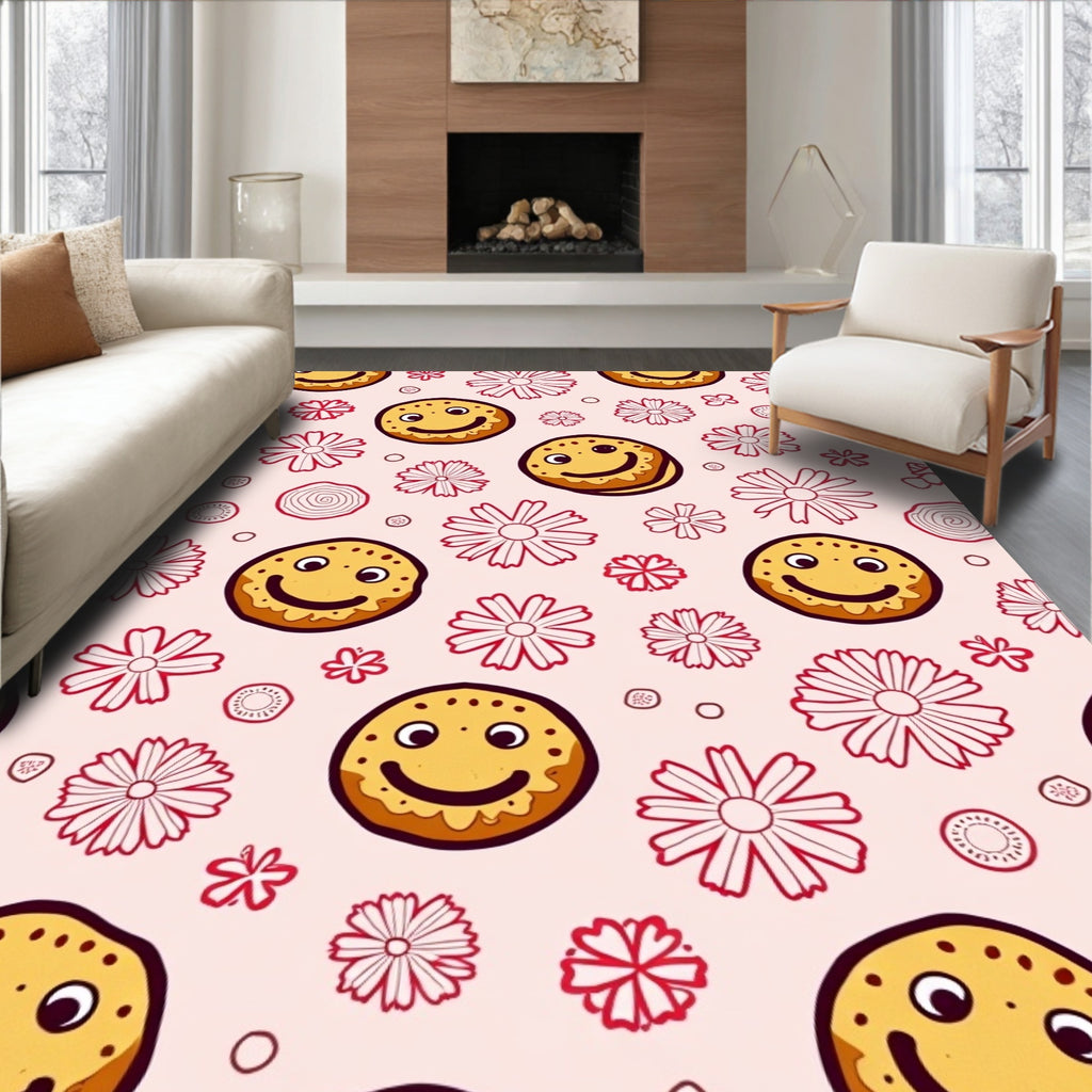 Happy faces and doodle flowers pink Rug