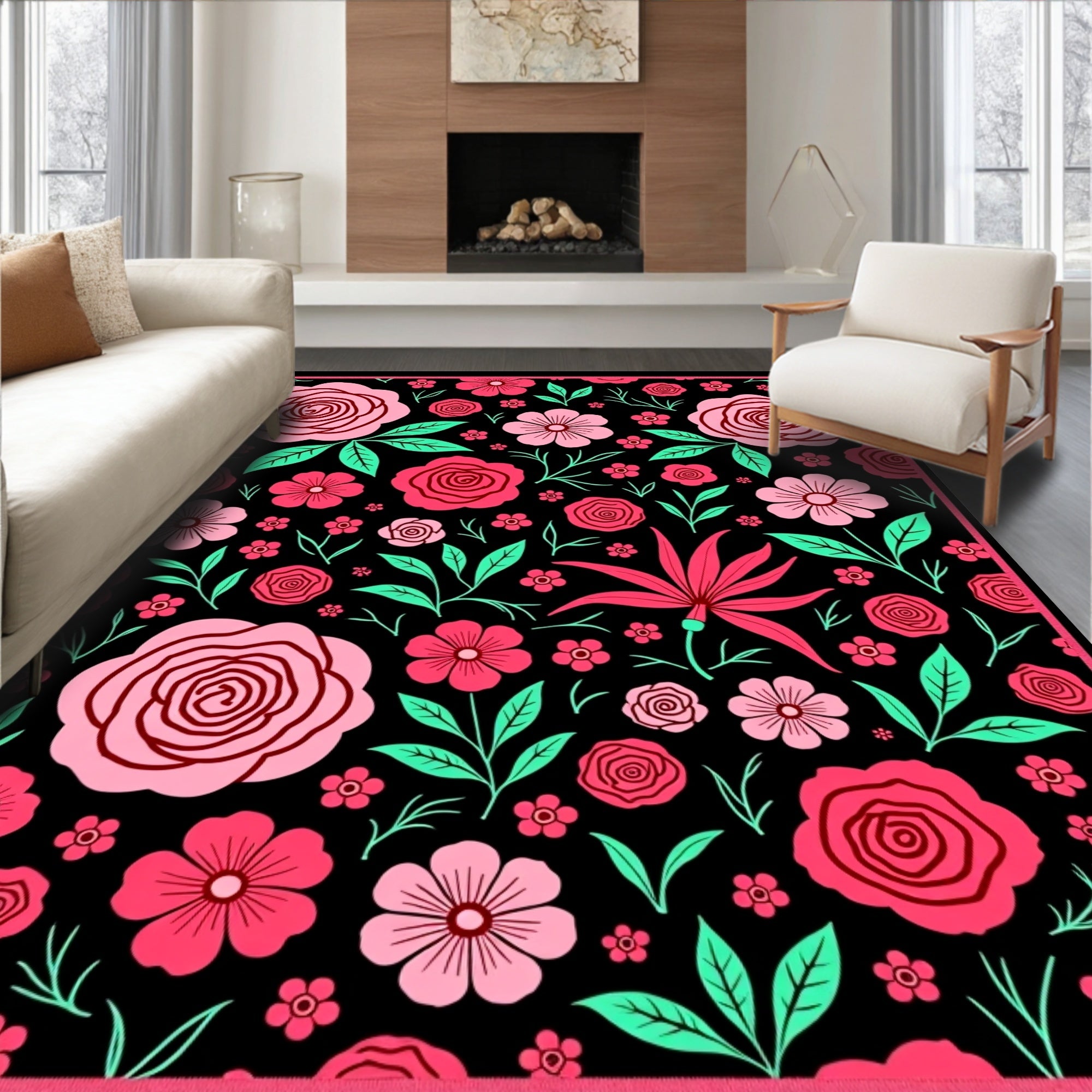 Bold Pink Floral Bloom Garden Rug