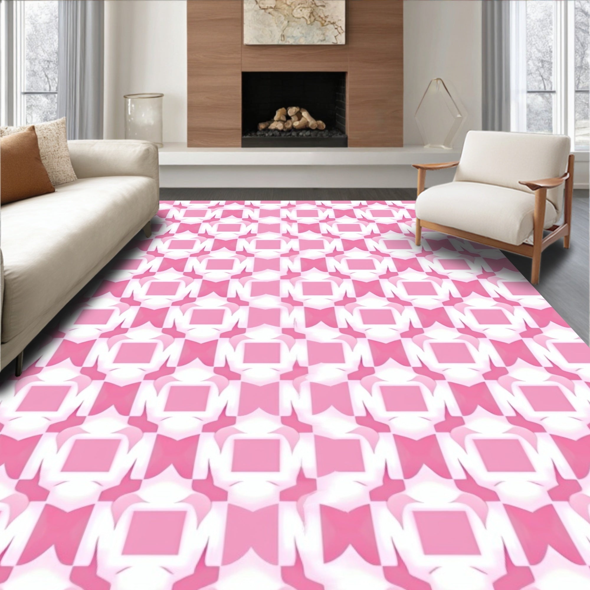 Soft Pink Geometric Square Harmony Rug