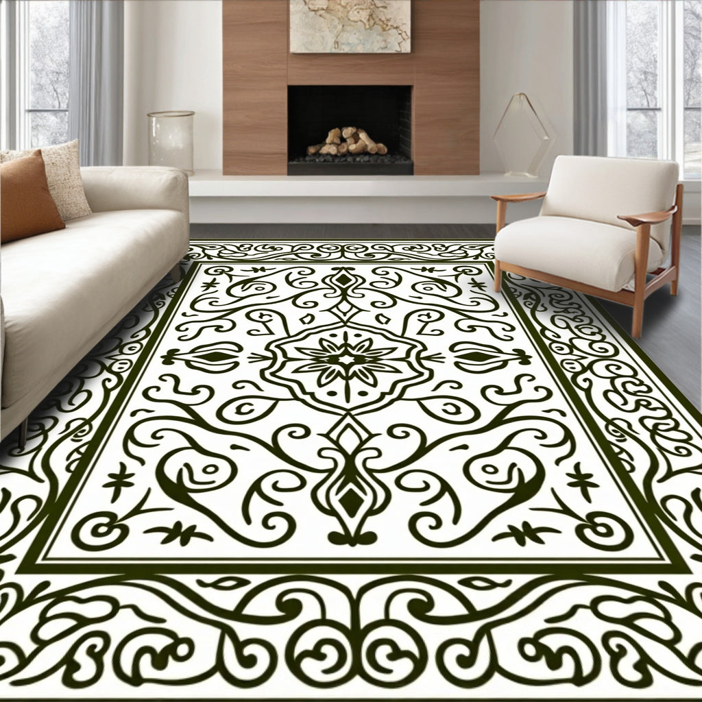 Classic Black White Floral Scroll Rug