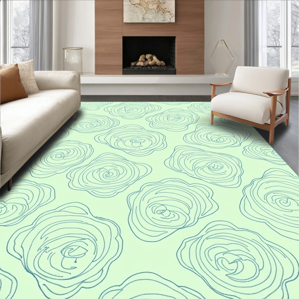 Teal Outline Flowers on Pale Green Background Rug