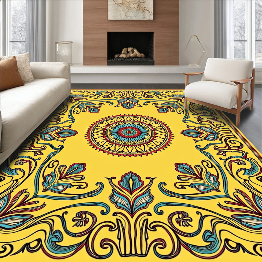 Vibrant Yellow Floral Medallion Border Rug