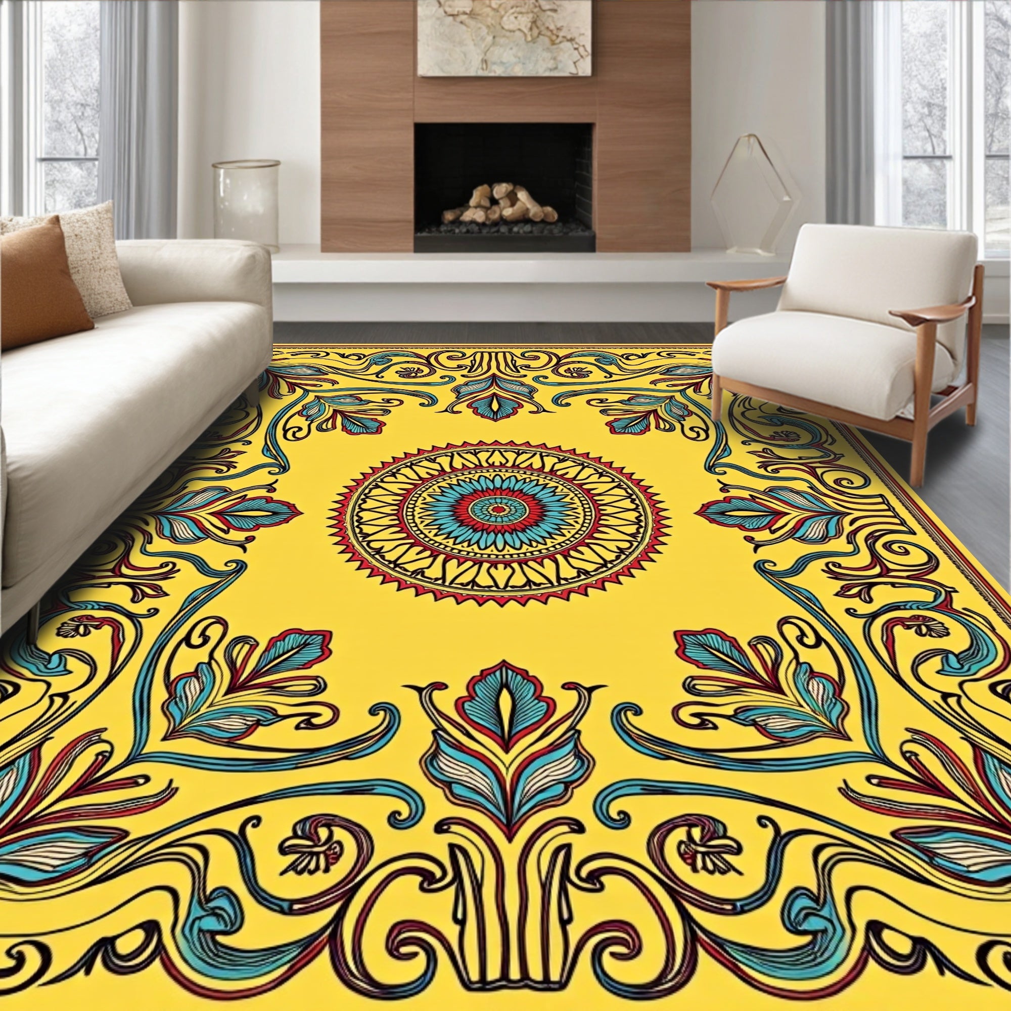 Vibrant Yellow Floral Medallion Border Rug