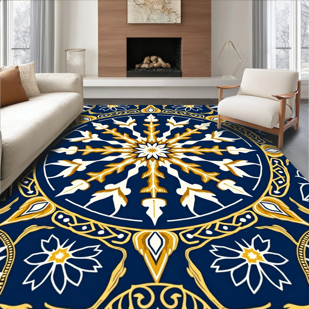 Deep Blue Golden Medallion Flower Rug