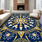 Deep Blue Golden Medallion Flower Rug