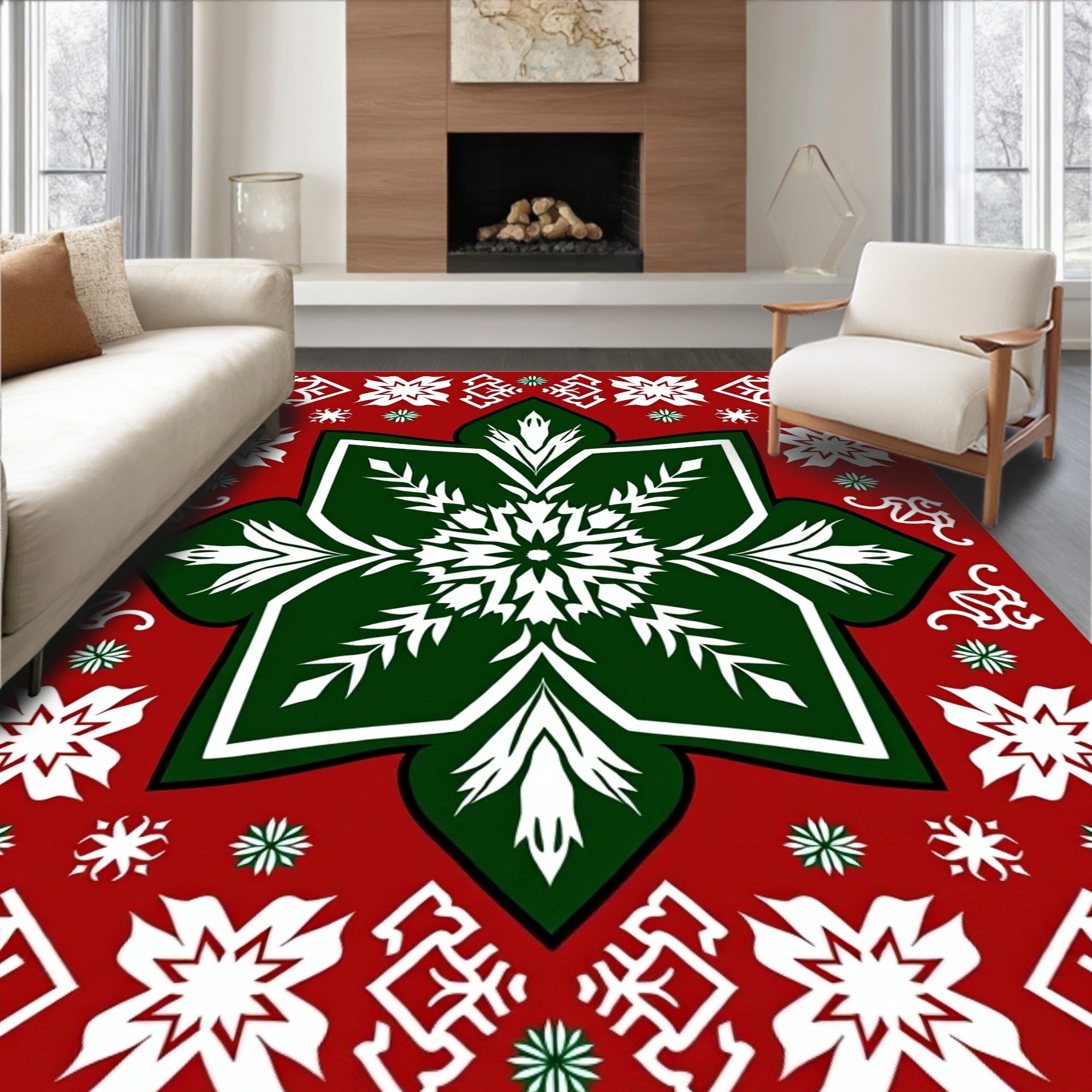 Festive Red Green Snowflake Medallion Rug