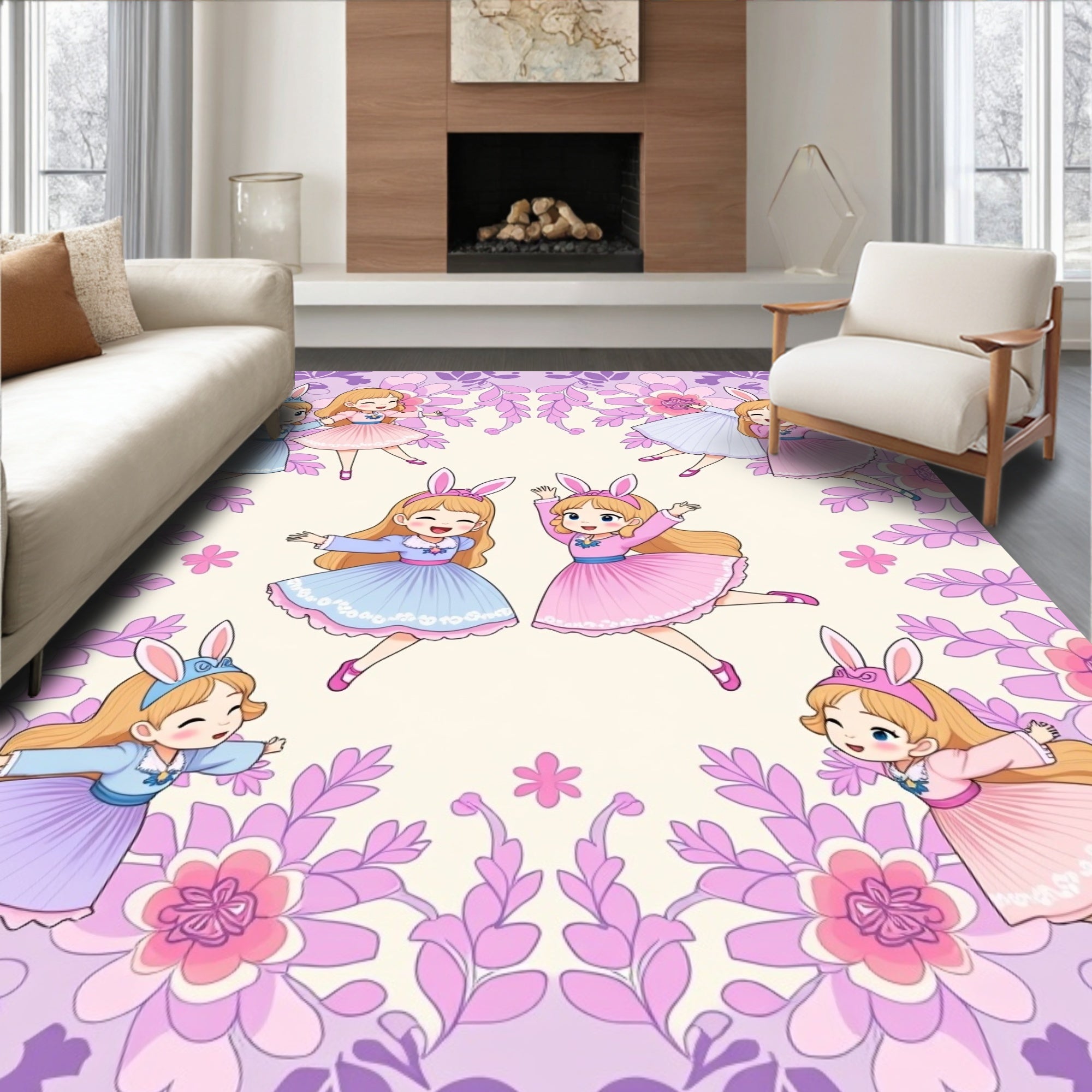 Joyful Bunny Girls Floral Border Rug