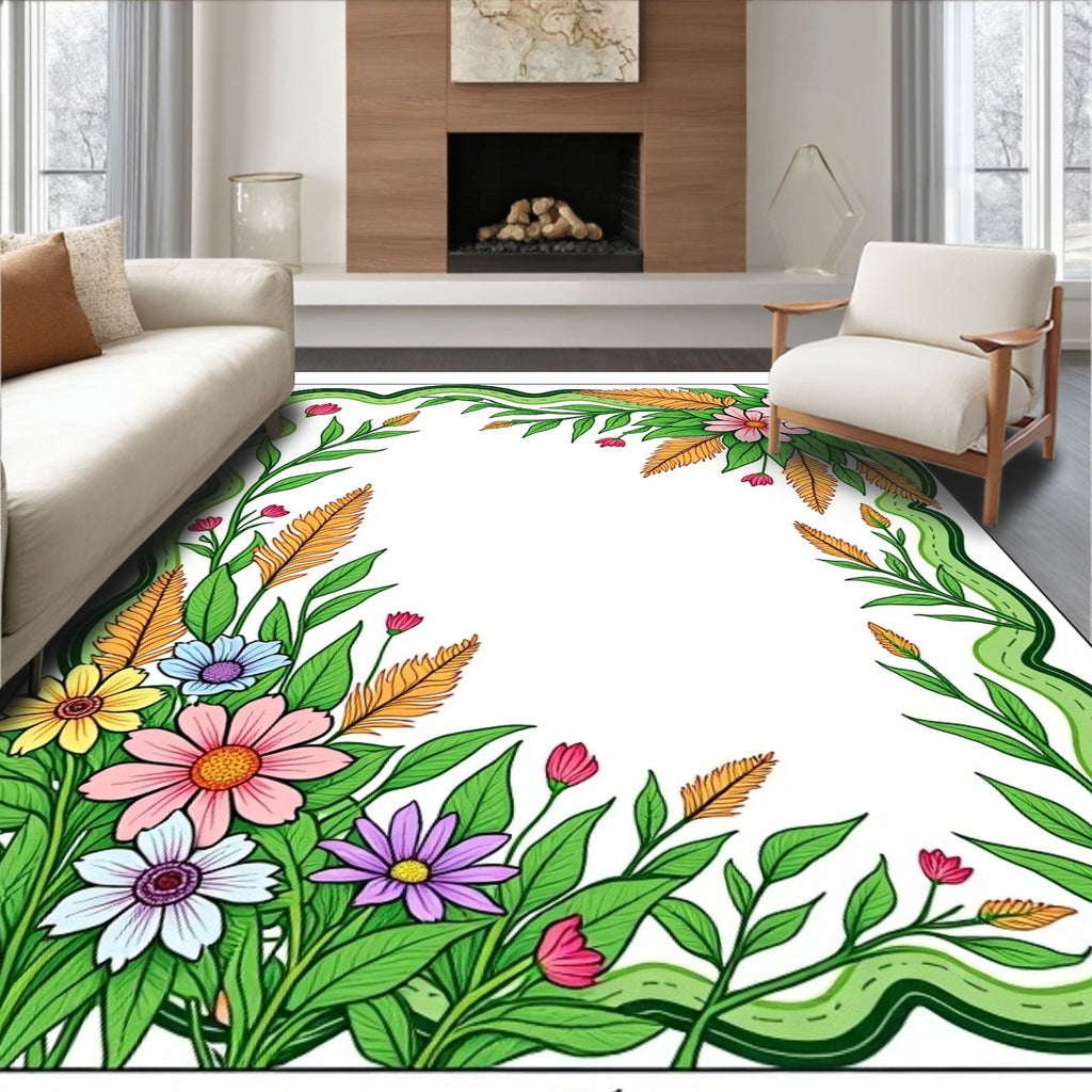Vibrant Floral Border with Green Vines Rug