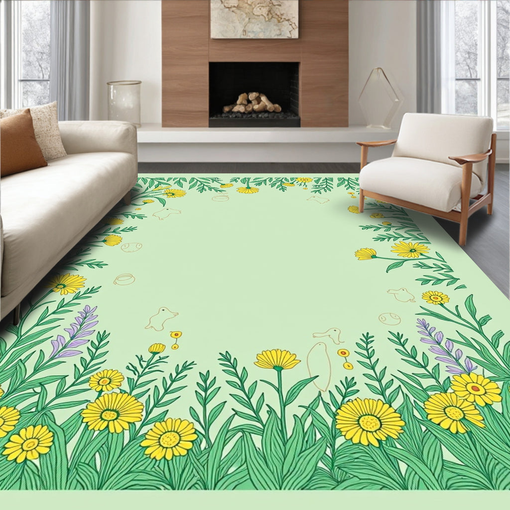 Whimsical Yellow Daisy Garden Scene Rug