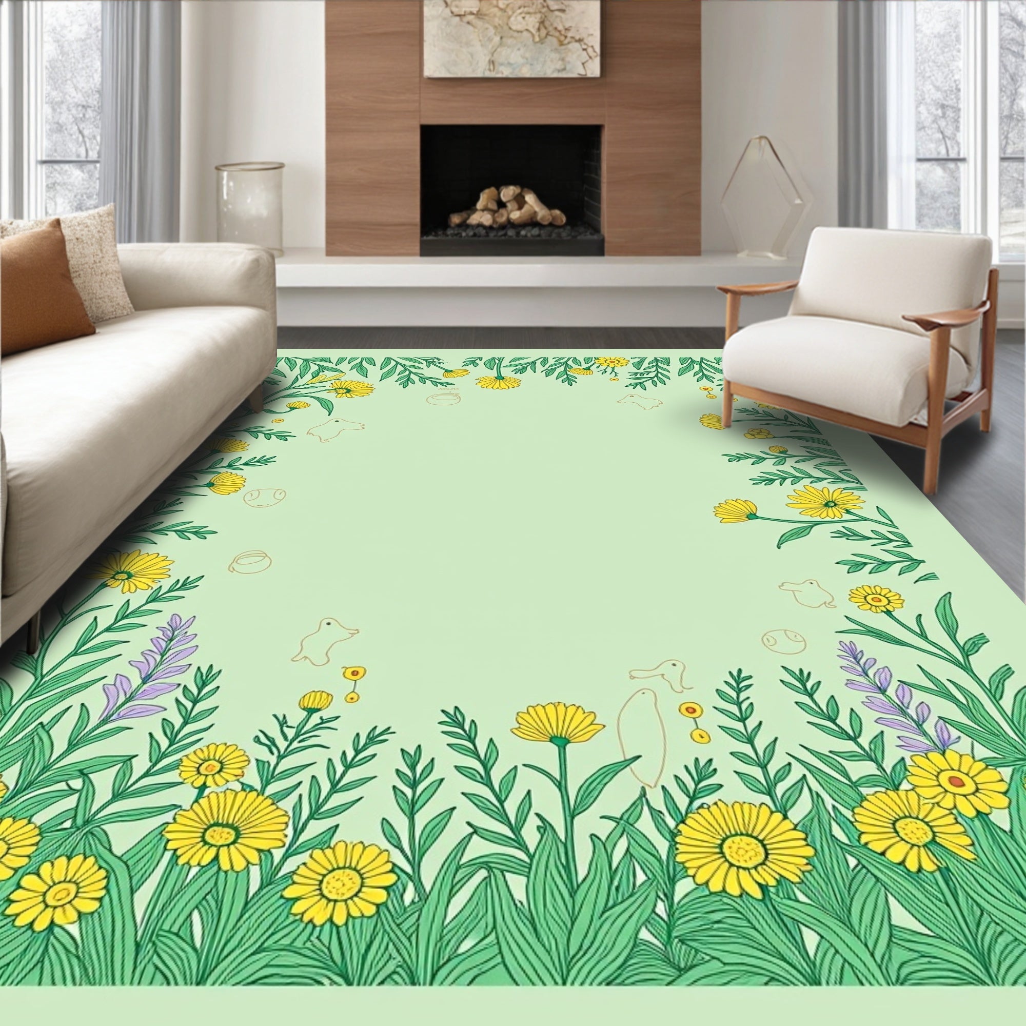 Whimsical Yellow Daisy Garden Scene Rug
