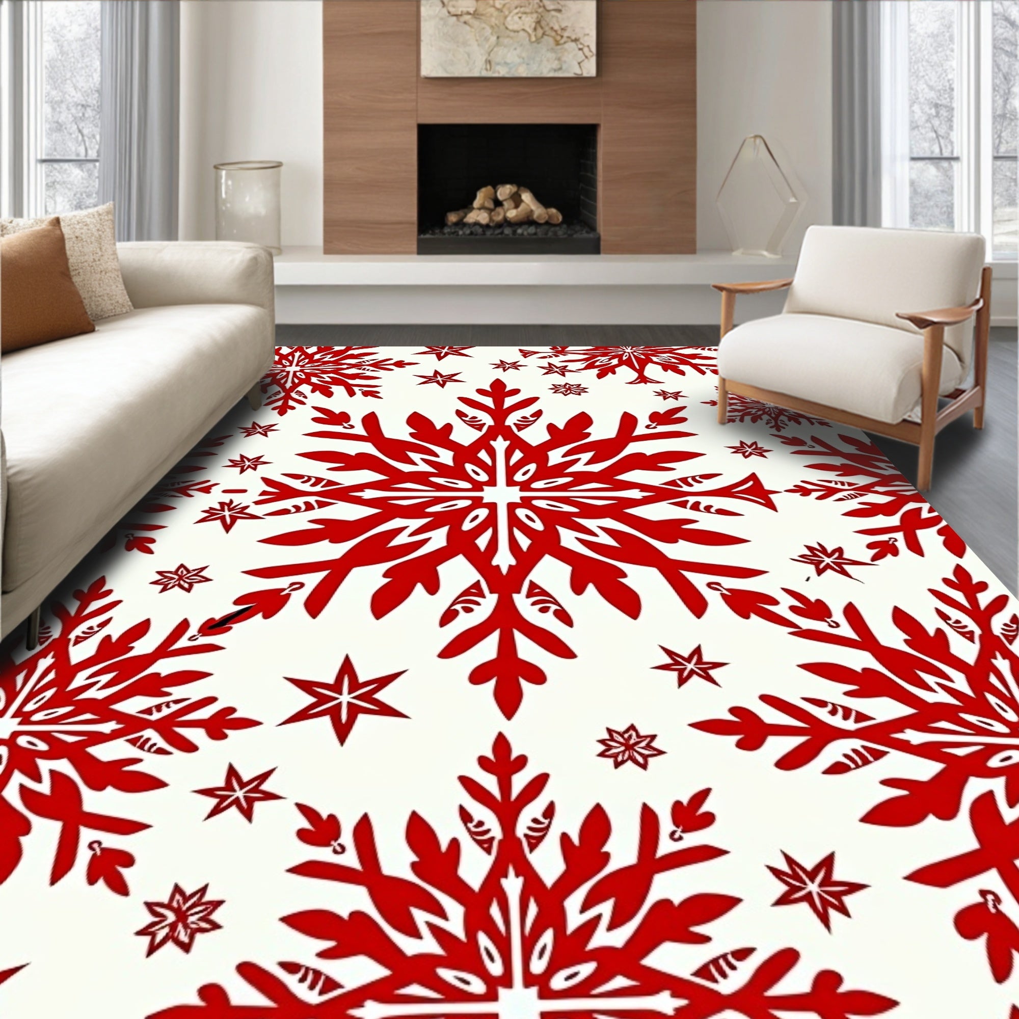 Bold Red Snowflake Repeating Pattern Rug