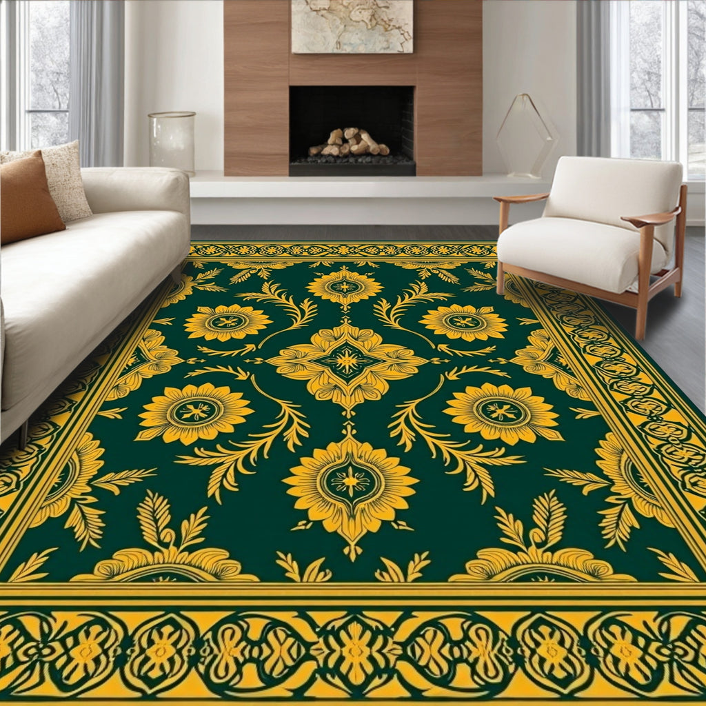 Emerald Gold Floral Medallion Border Rug