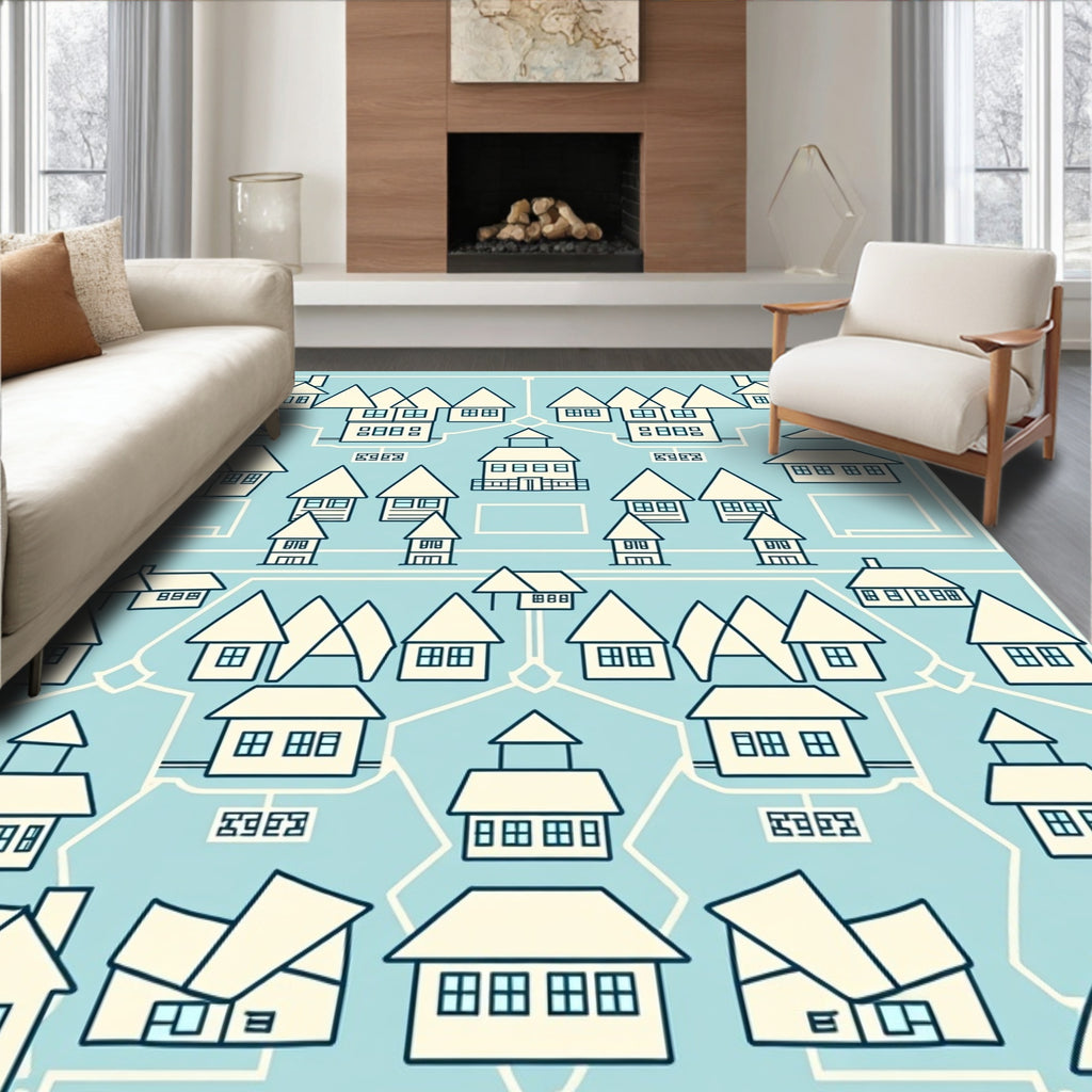 Whimsical Town Houses Village Scene Rug