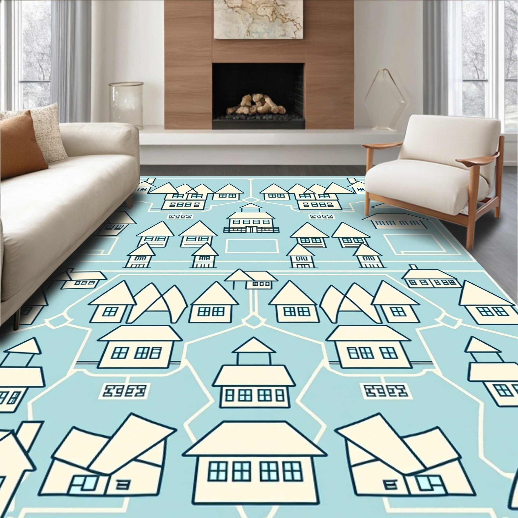 Whimsical Town Houses Village Scene Rug