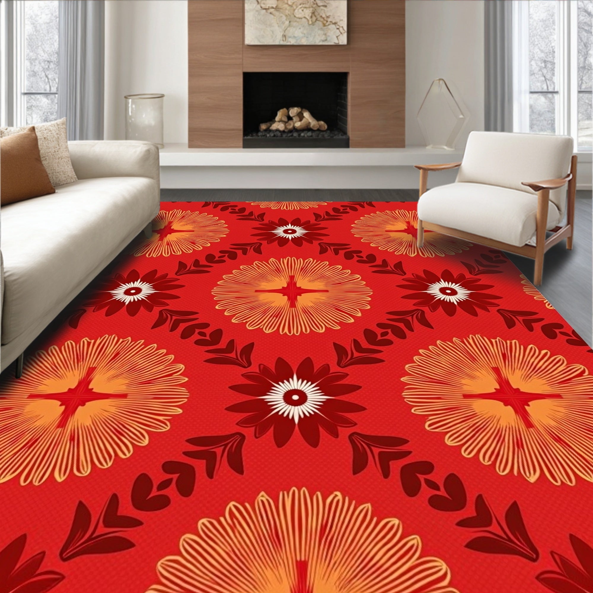Red Orange Floral Radiant Motif Rug