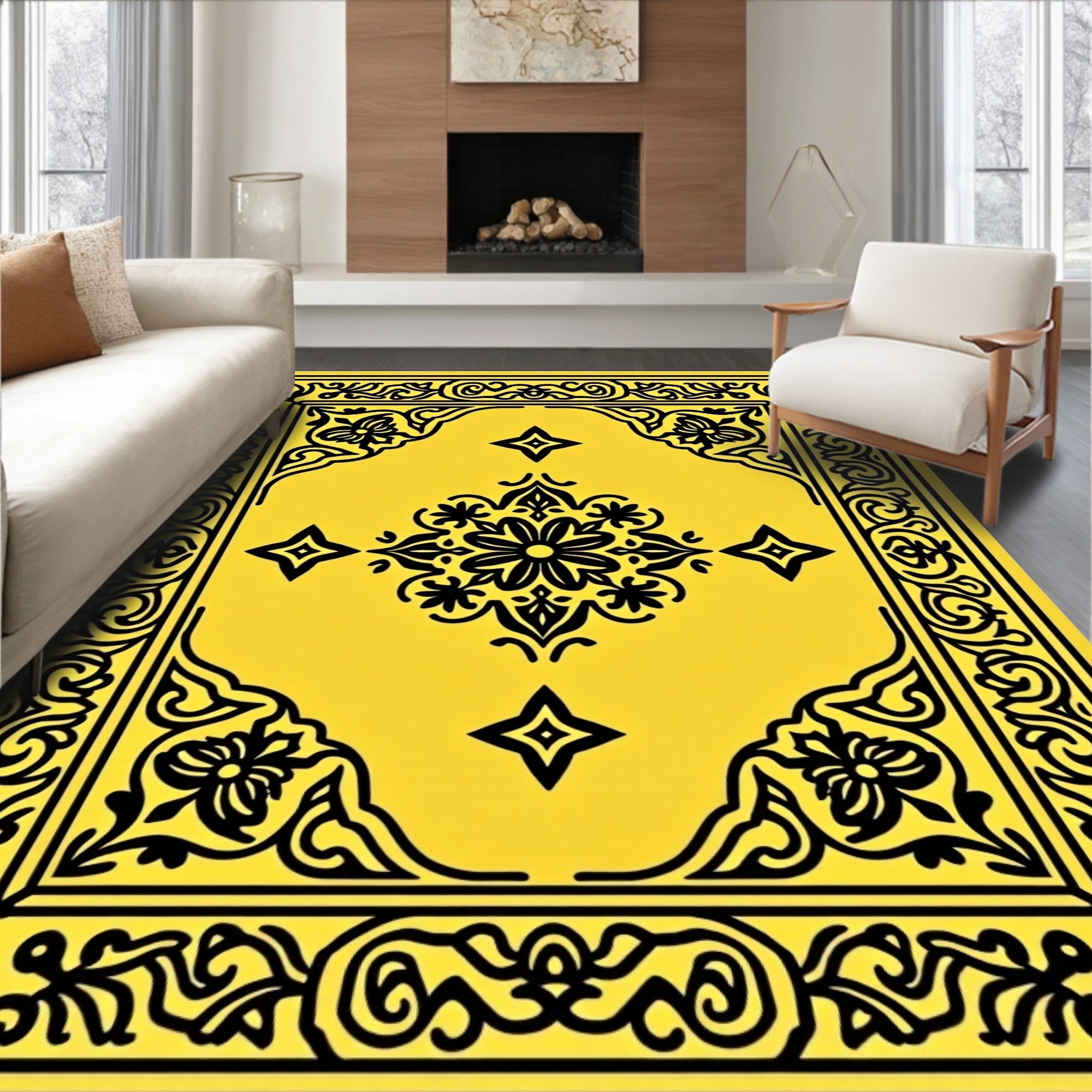 Ornate Black Floral Medallion Yellow Rug