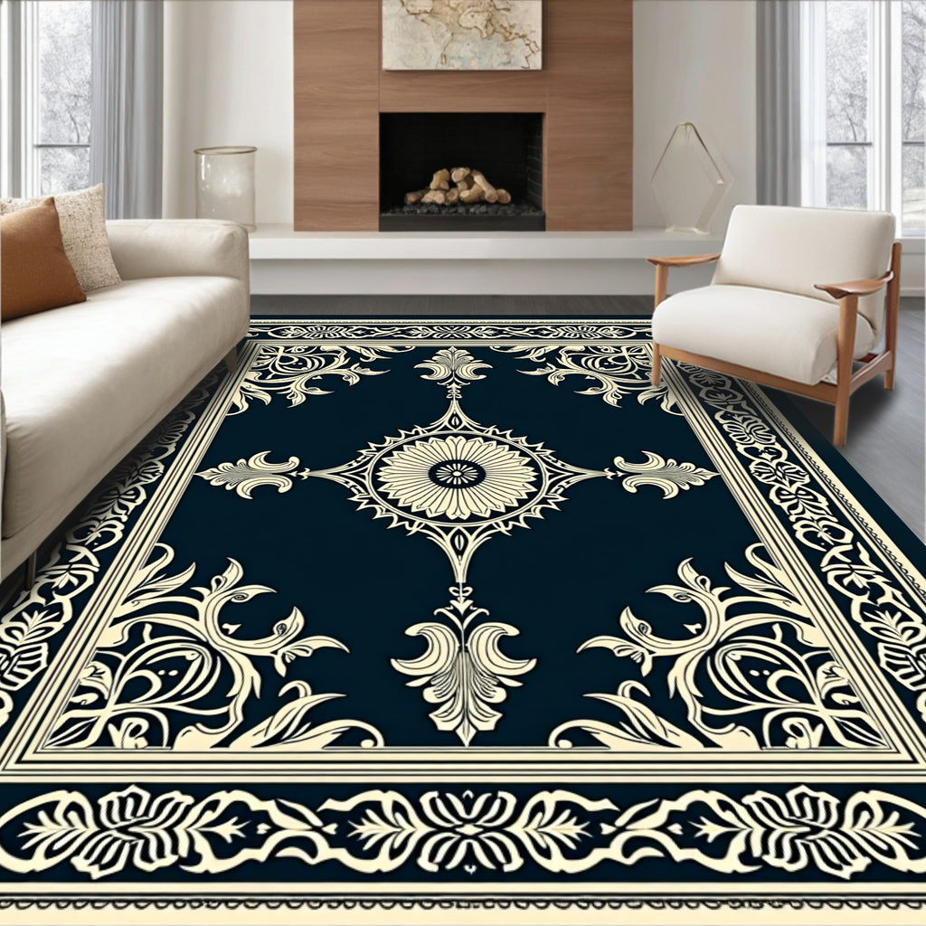 Deep Navy Cream Ornamental Medallion Border Rug