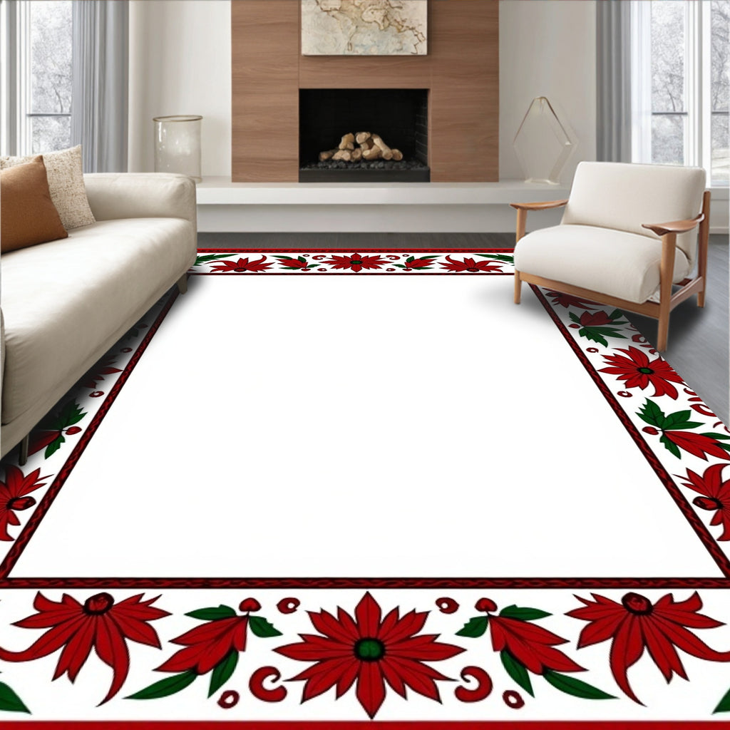 Vibrant Red Green Floral Border Rug