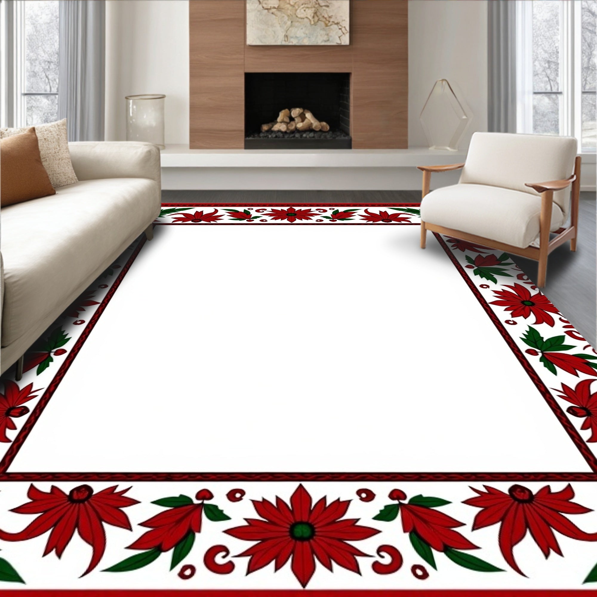 Vibrant Red Green Floral Border Rug