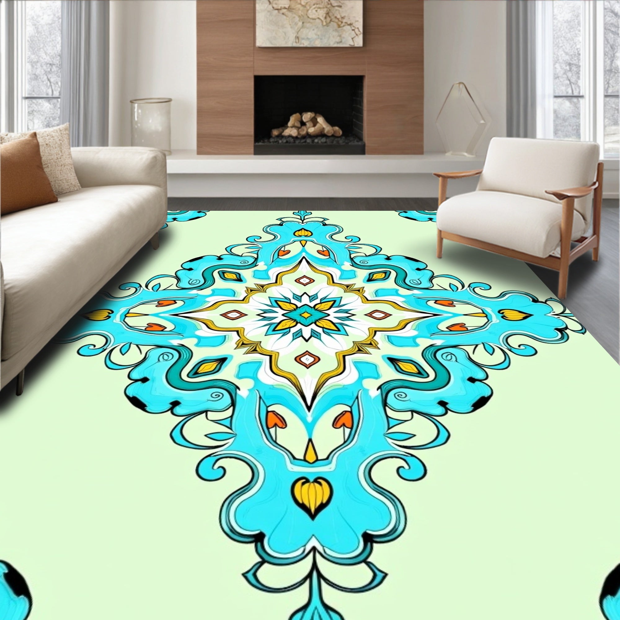 Aqua Teal Ornate Medallion Mandala Rug