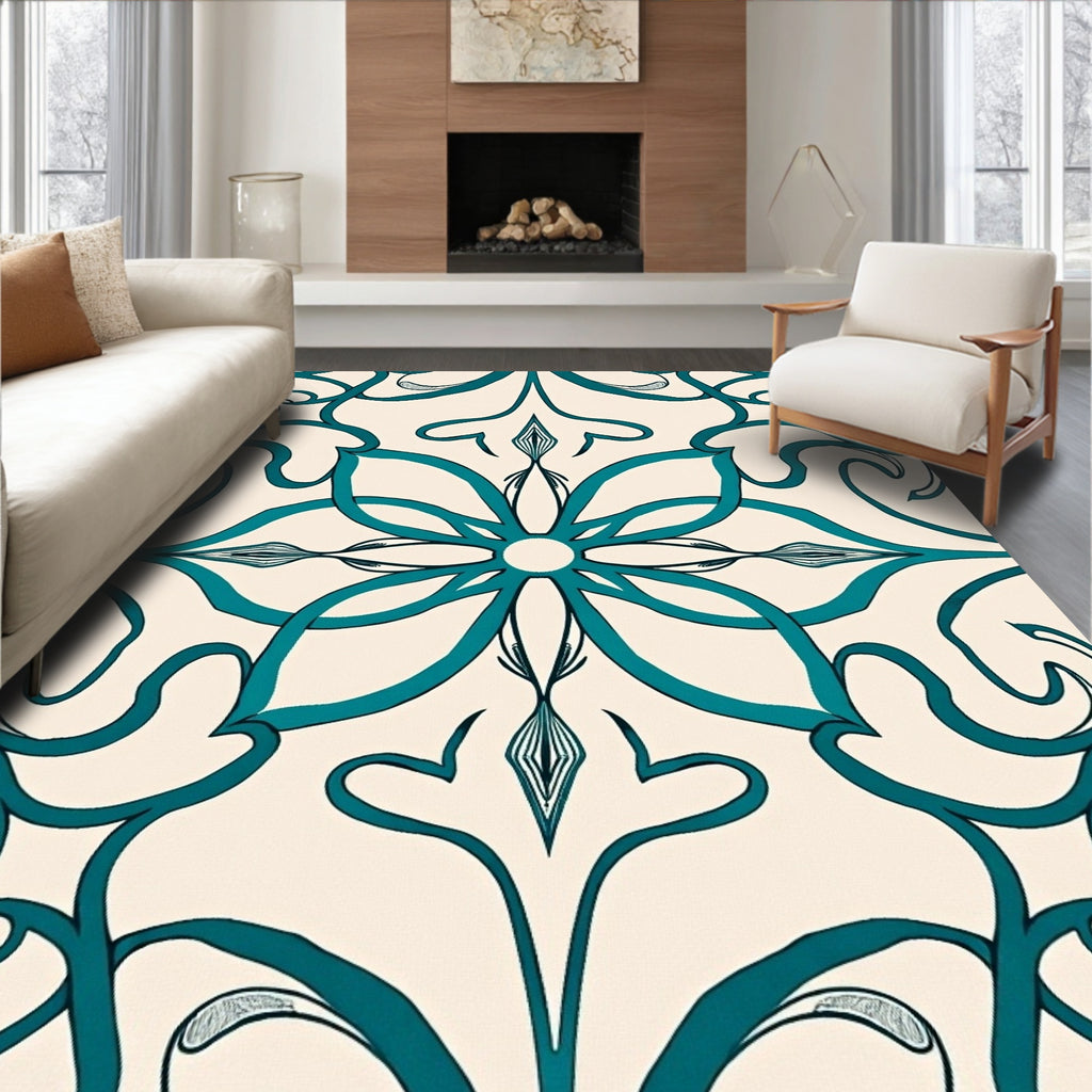 Teal Blossom Scrollwork Medallion Rug