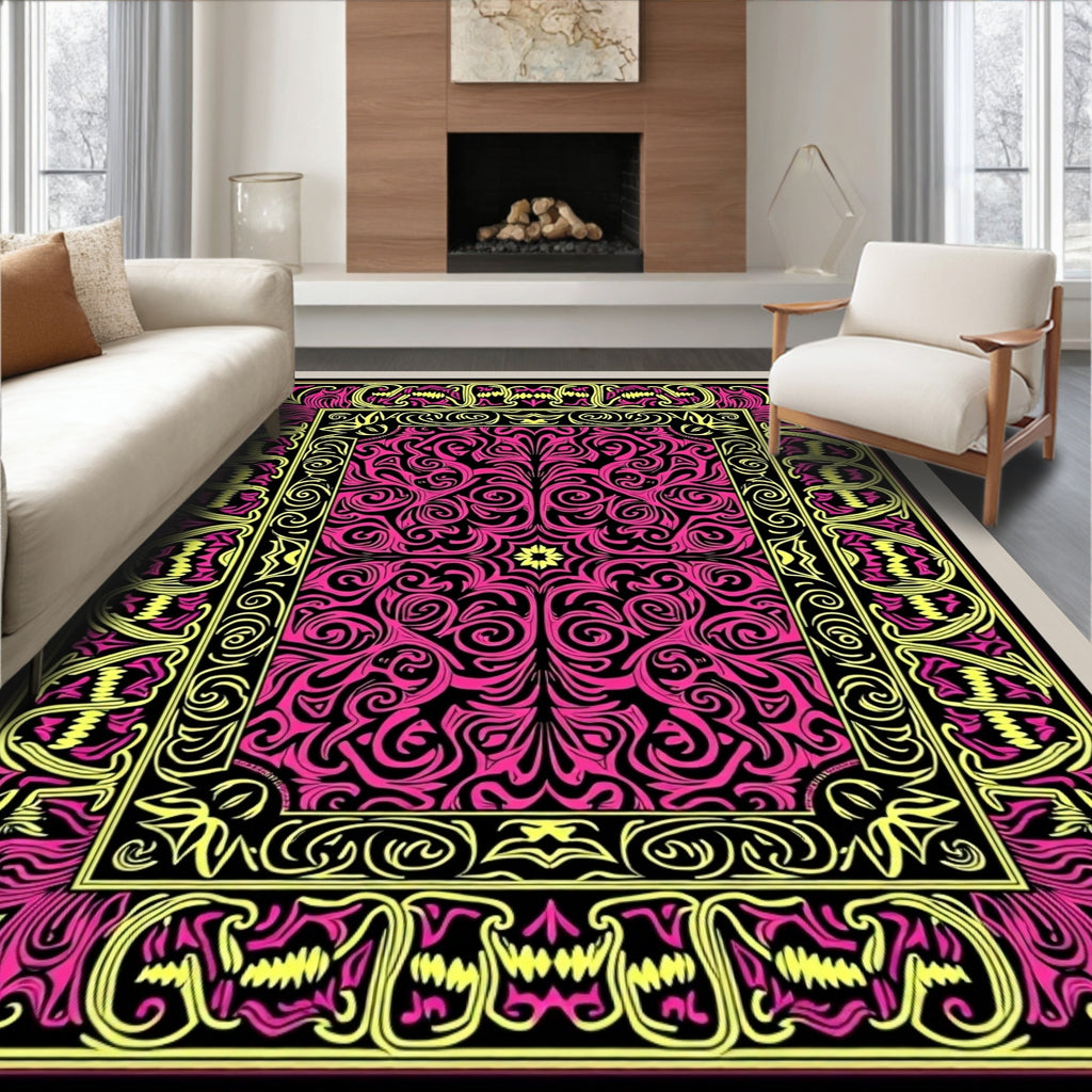 Vibrant Pink Yellow Scrollwork Border Rug