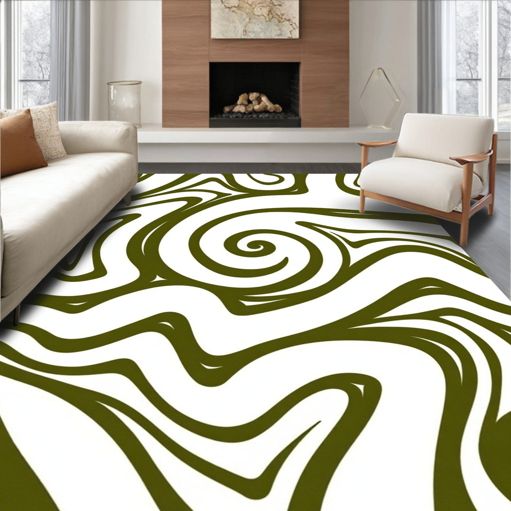 Olive Green Swirl Abstract Organic Rug