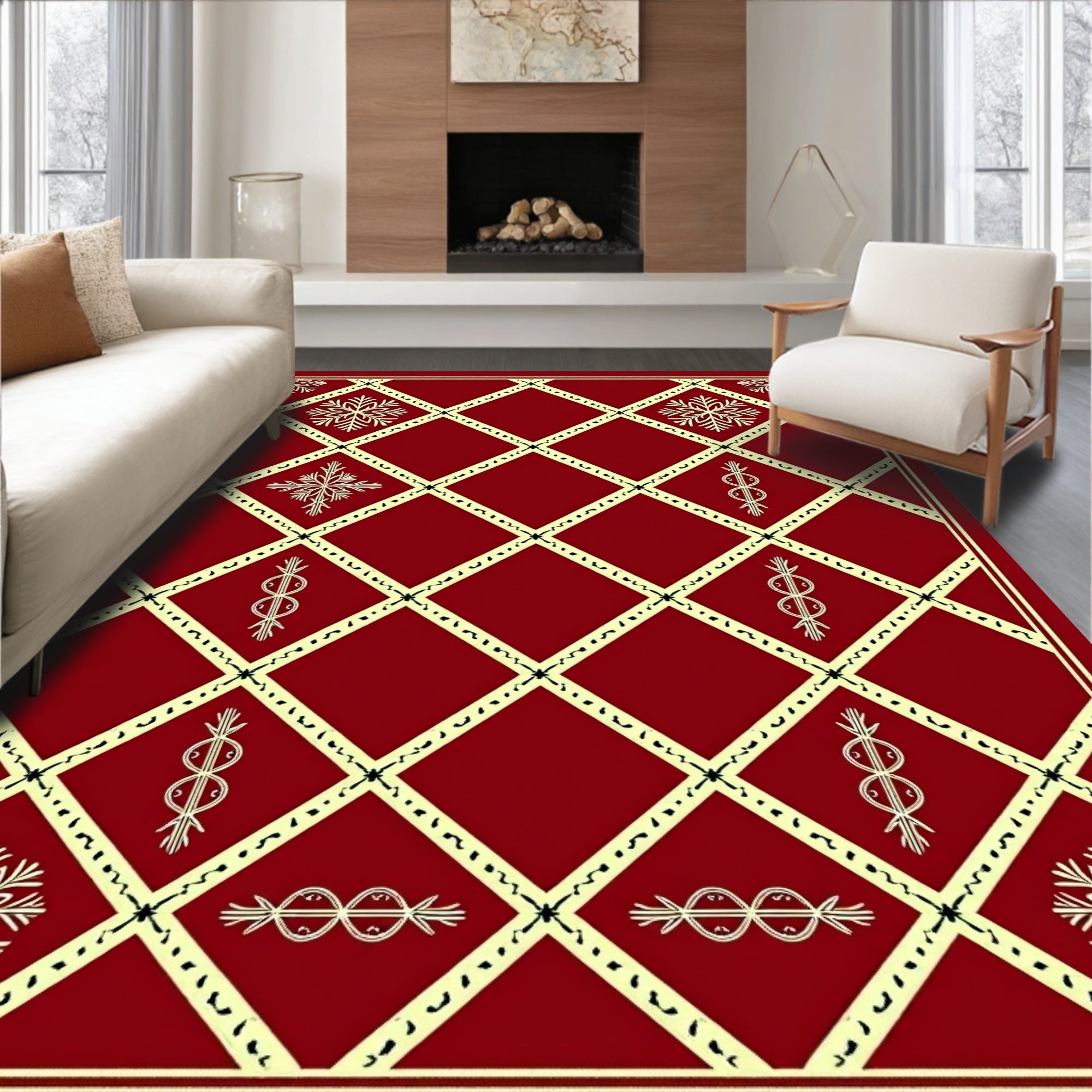 Crimson Lattice Snowflake Medallion Rug