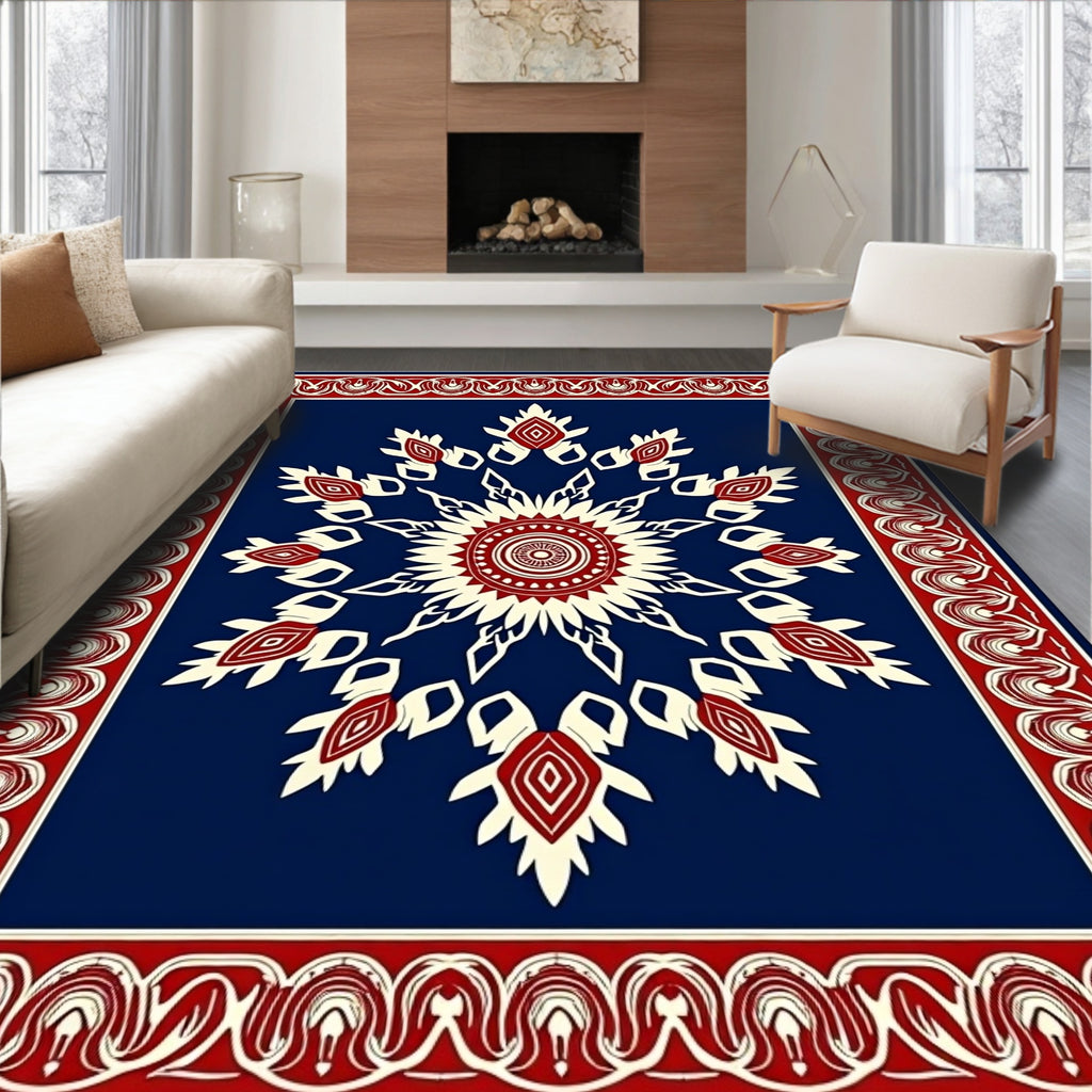 Bold Red Sunburst Mandala Border Rug